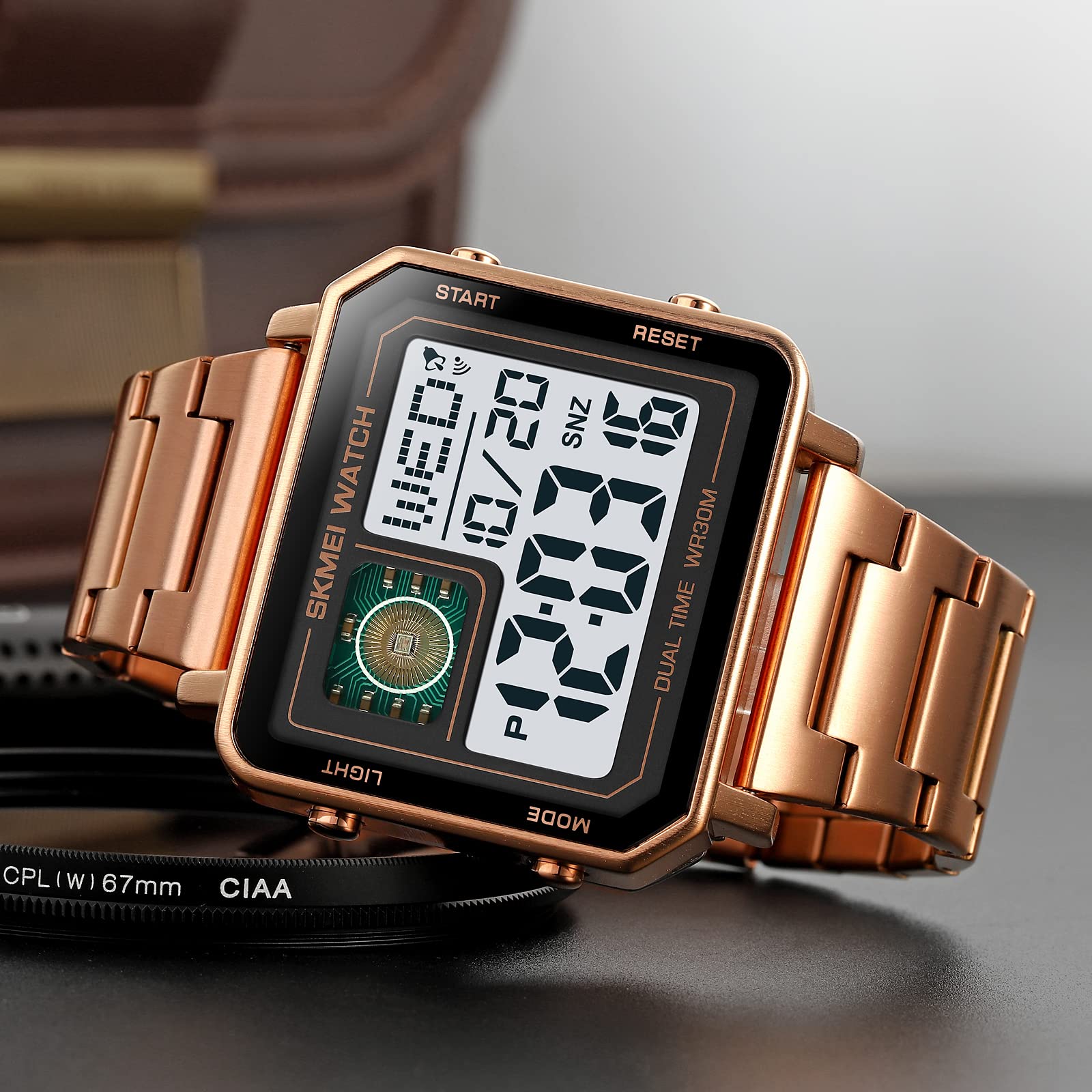 Gosasa Orologio sportivo digitale da uomo, quadrato, con quadrante grande, in acciaio inossidabile, analogico, al quarzo, con cronometro impermeabile, Oro rosato, Digitale