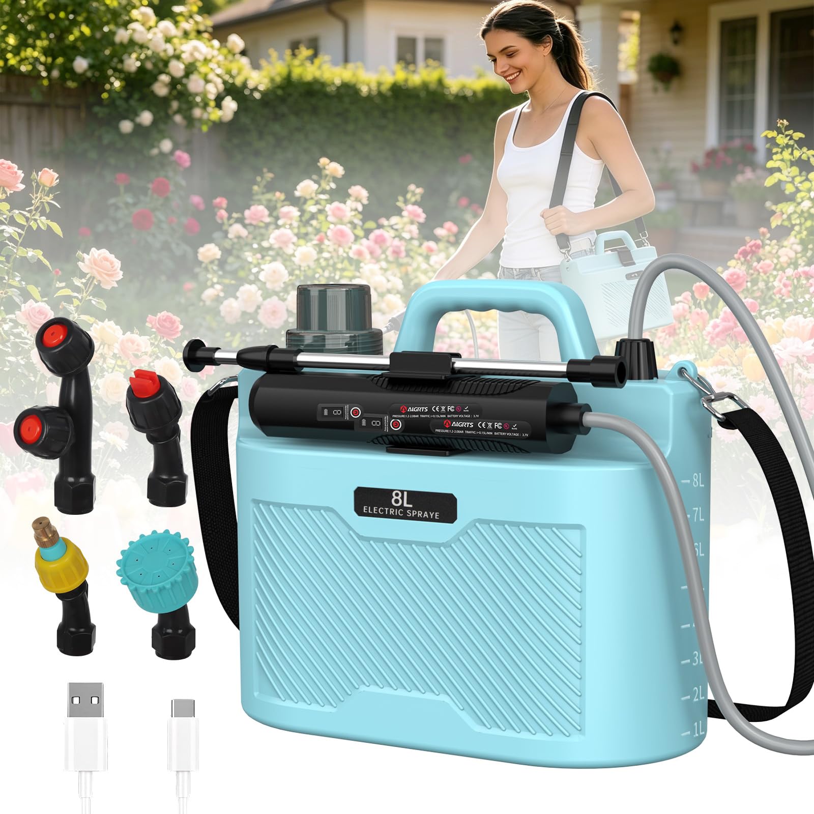 Lafisun Electric Garden Sprayer 8L, Battery Sprayer with 3 Adjustable Spray Power, Battery Indicator, 4 Mist Spray Nozzles, USB Rechargeable Handle & Telescopic Wand for Lawn & Garden, Gardening