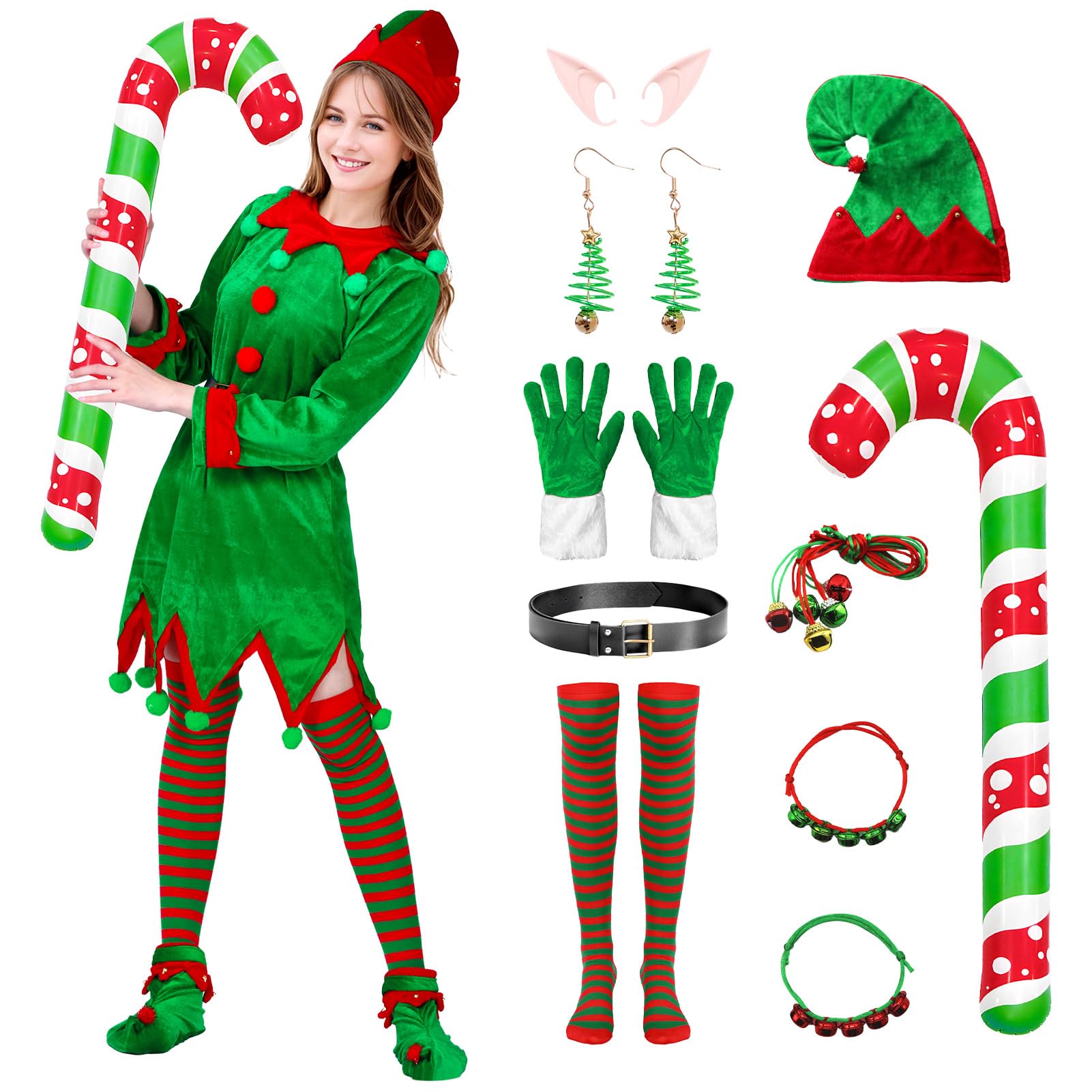 Elf Costume for Women Christmas Outfit Velvet Dress Santa's Helper Costume Outfit for Xmas Party Cosplay