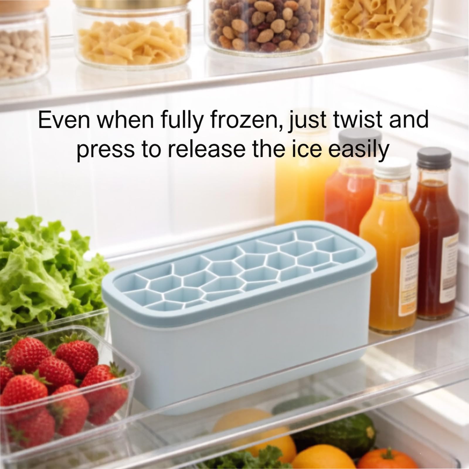 Bandejas grandes para cubitos de hielo con tapa y recipiente, 26 moldes de silicona, apilables, polipropileno y silicona de grado alimenticio, cuchara de hielo gratis para cócteles, café, té