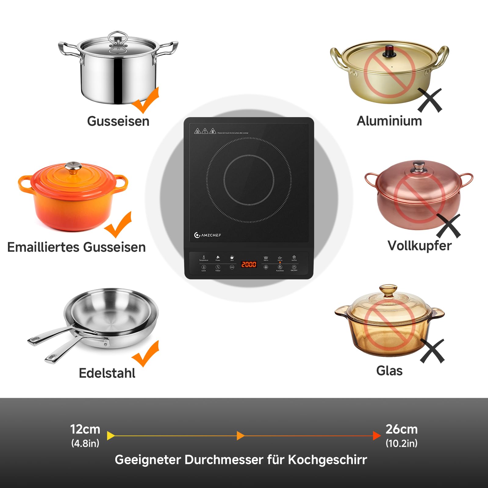 AMZCHEF Induktionskochfeld 1 Platte, Tragbares Induktionskochplatte, 20 Temperatureinstellungen und Leistungsstufen, Schlankes Design mit Schwarzer Keramikplatte, Sensorsteuerung, 3H Timer.