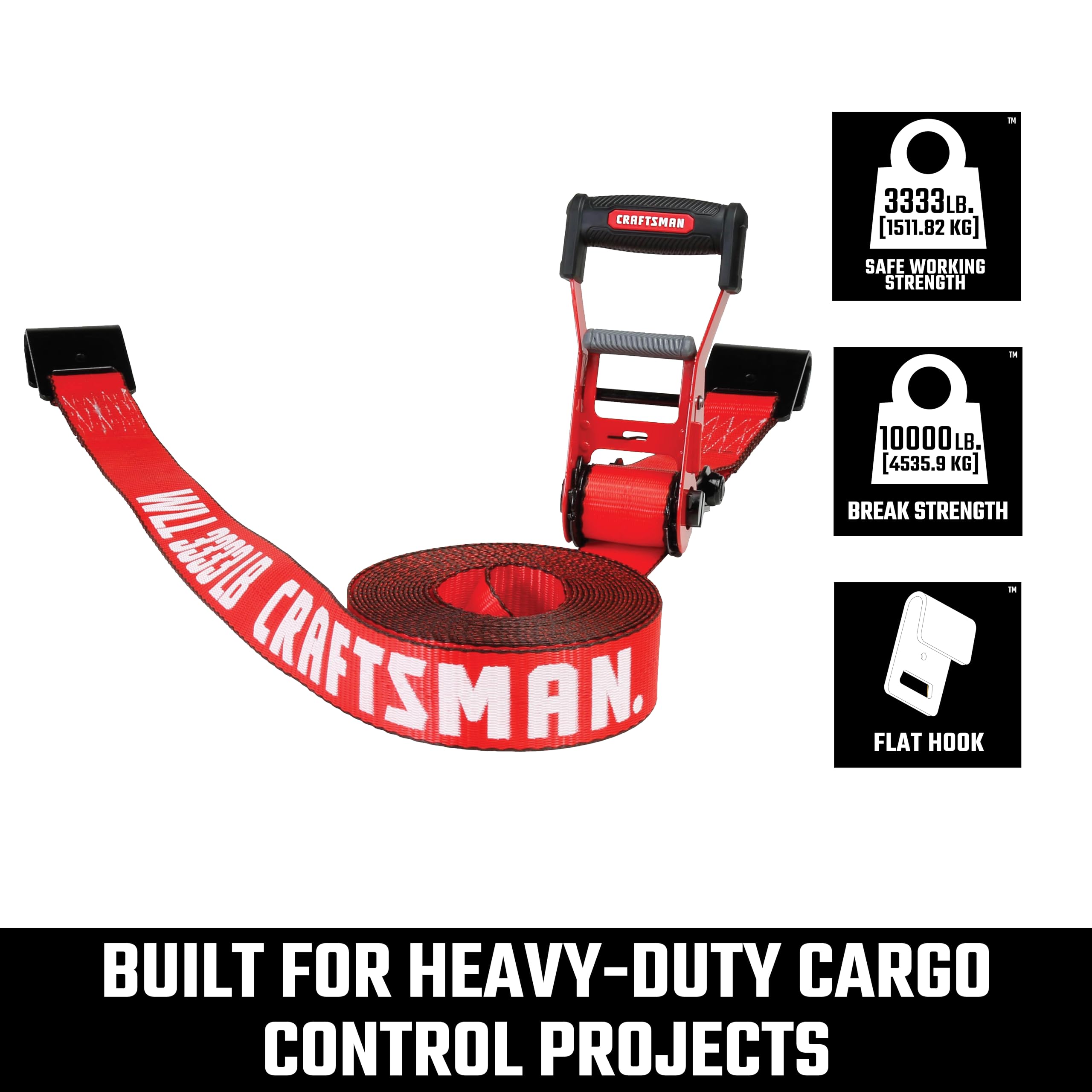 CRAFTSMAN CMXAZBS10000F Sangle d'arrimage à cliquet de 5,1 cm x 8,6 m avec Crochet Plat – Robuste/résistante à la Rupture de 4,5 kg, Noir/Rouge