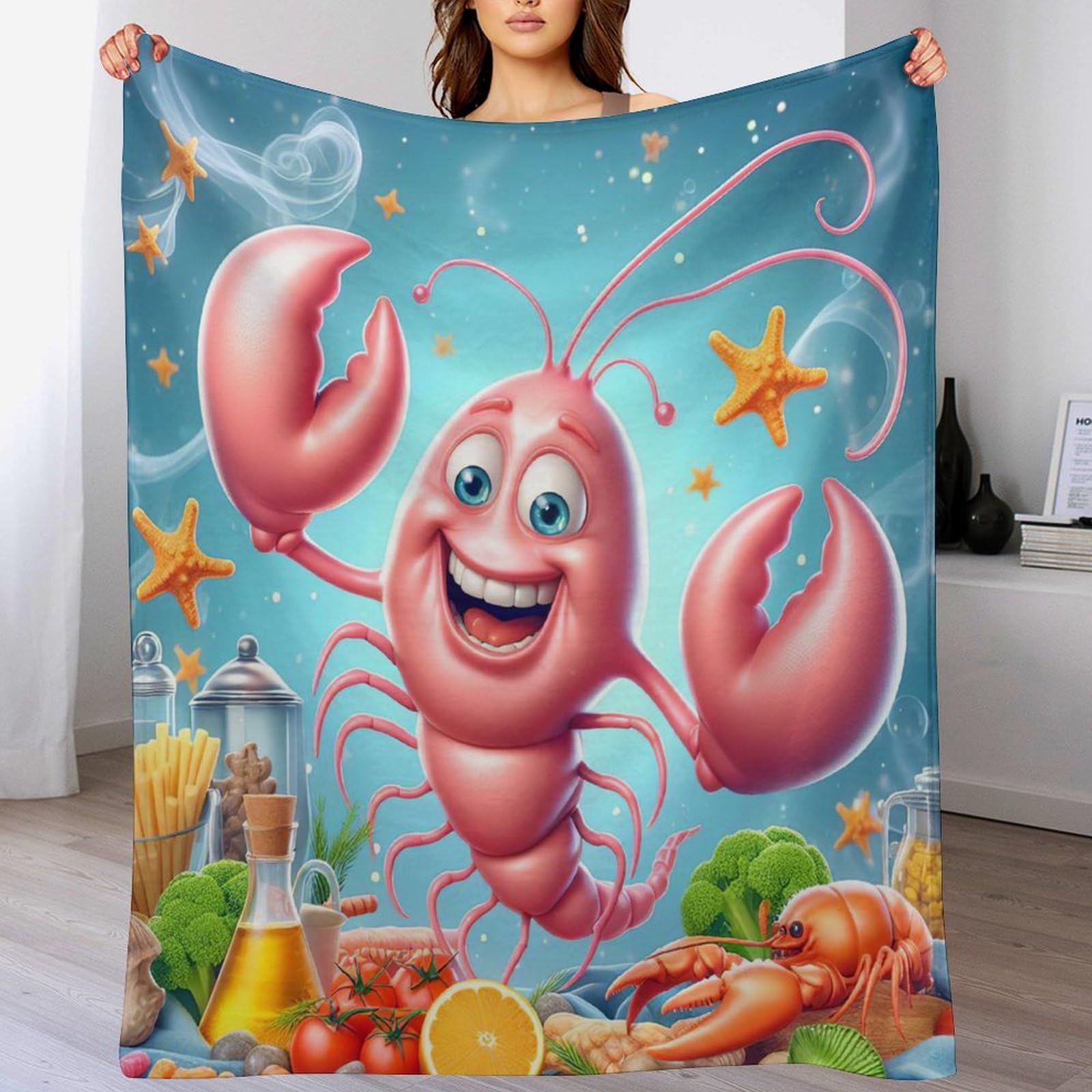 Tapis douillet couverture polaire flannel homard mignon lavable machine pour lit et canapé