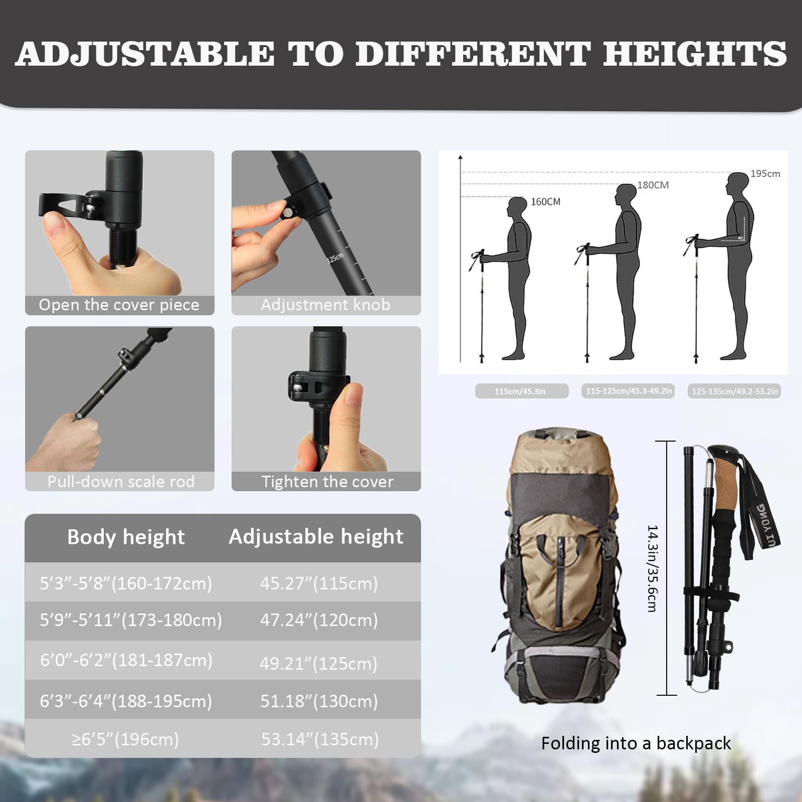 Bastones de senderismo HUINING con mango de corcho, bastones de senderismo plegables, telescópicos, bastones de caminata nórdica para hombres y mujeres, bastones de senderismo, bastones de senderismo