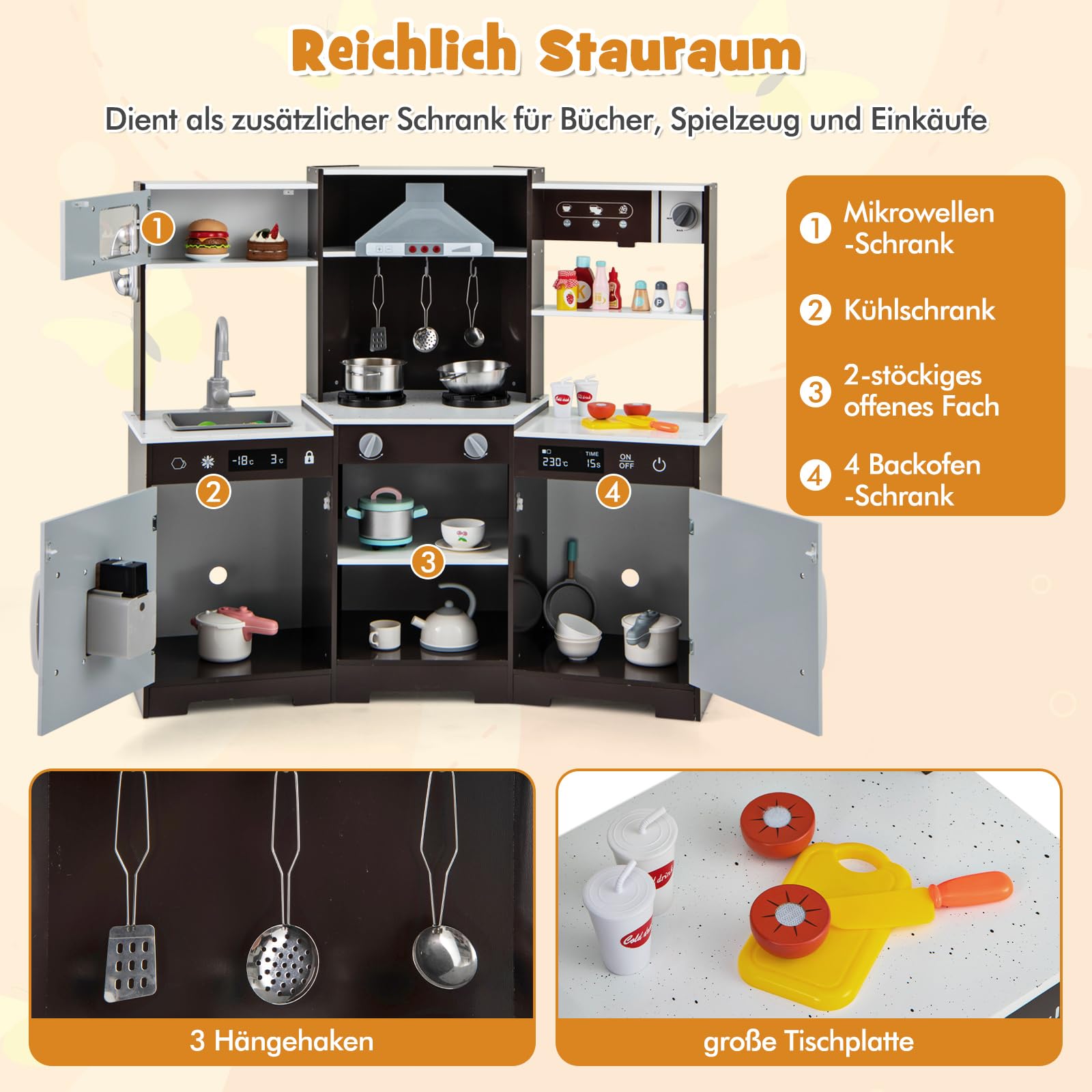 COSTWAY Kinderküche Holz, Spielküche mit Dunstabzugshaube, Spüle, Wasserhahn, Mikrowelle & Ofen, Spielzeugküche mit Lincht und Sound, Holzküche mit Zubehör für Kinder ab 3 Jahren (Braun)
