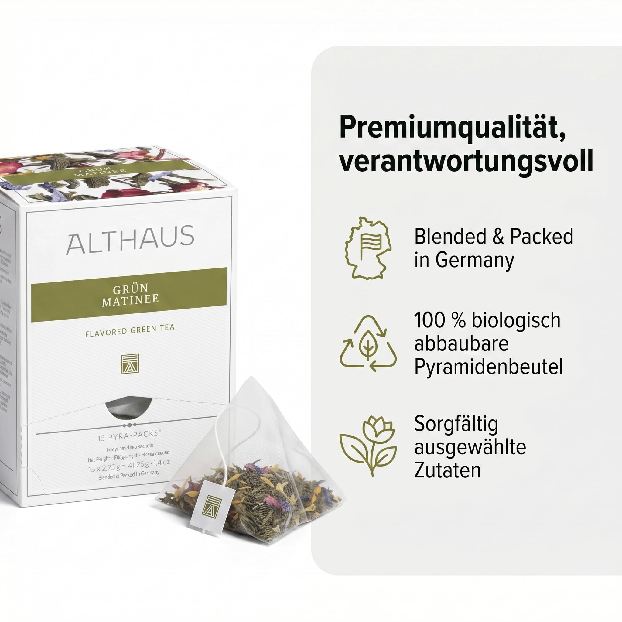 ALTHAUS Grüner Tee Grün Matinee, aromatisierter Sencha Tee mit Blüten, 15 Pyramiden-Teebeutel, einzeln verpackt, 41,25 g, Grüntee Beutel, 6 x 15 Beutel = 90 Portionen