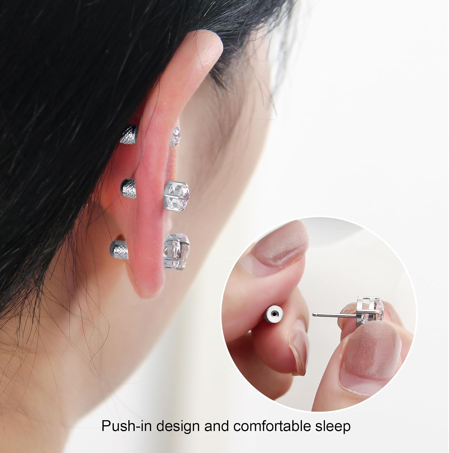 Hypoallergenic Threadless Flat Back Earrings,1 Pairs Cartilage Stud for Women Men Titanium Post 20G None Screw Easy Push in Gold Black Silver Stainless Steel Flatback with CZ 3-8mm