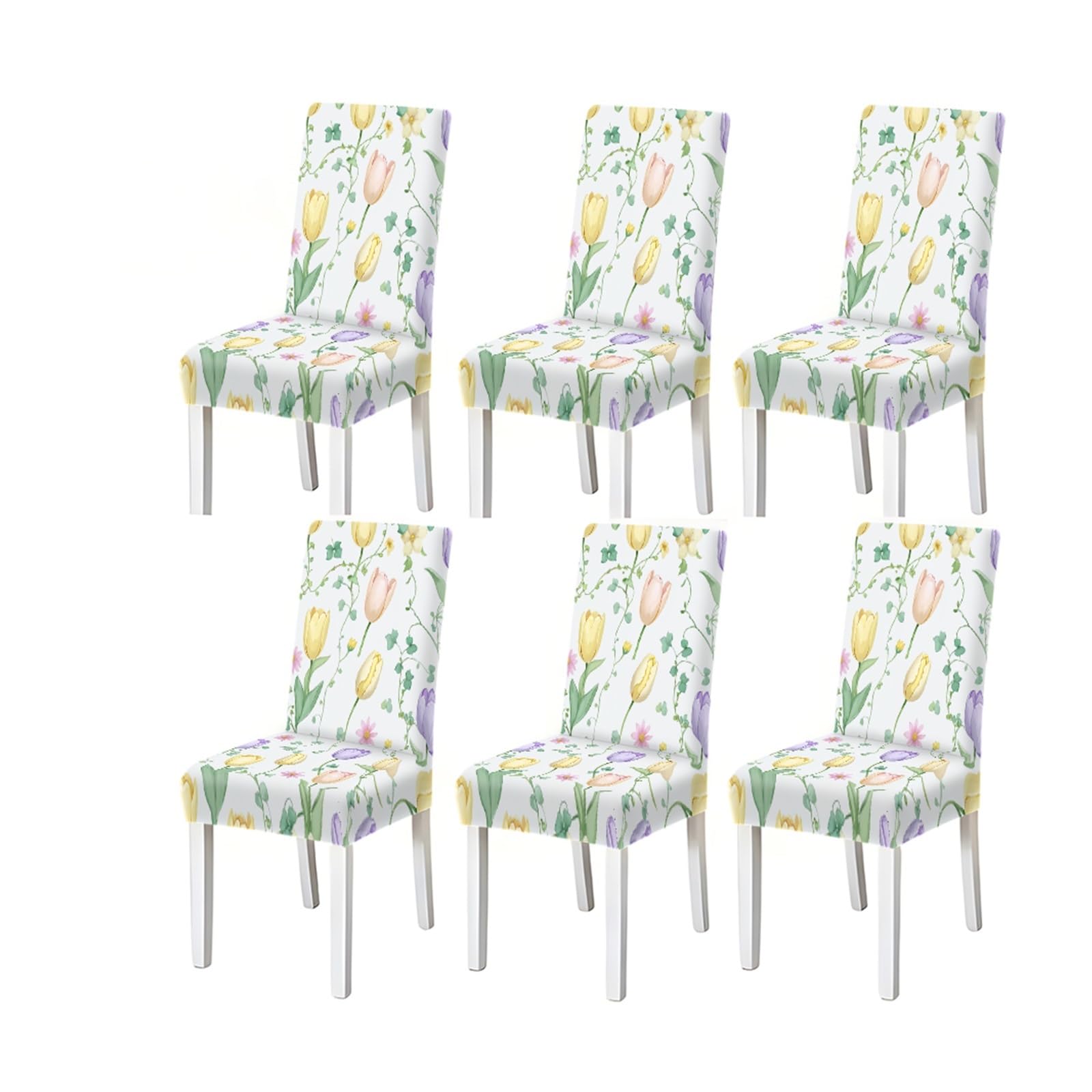 BOSUYBN White Multicolor Tulip Floral Print Dining Chair Covers, Stretch Slipcovers For Home Kitchen Dining Room Party, 2/4/6PCS Furniture Protectors for Home Dining Room(6PCSChair cover)