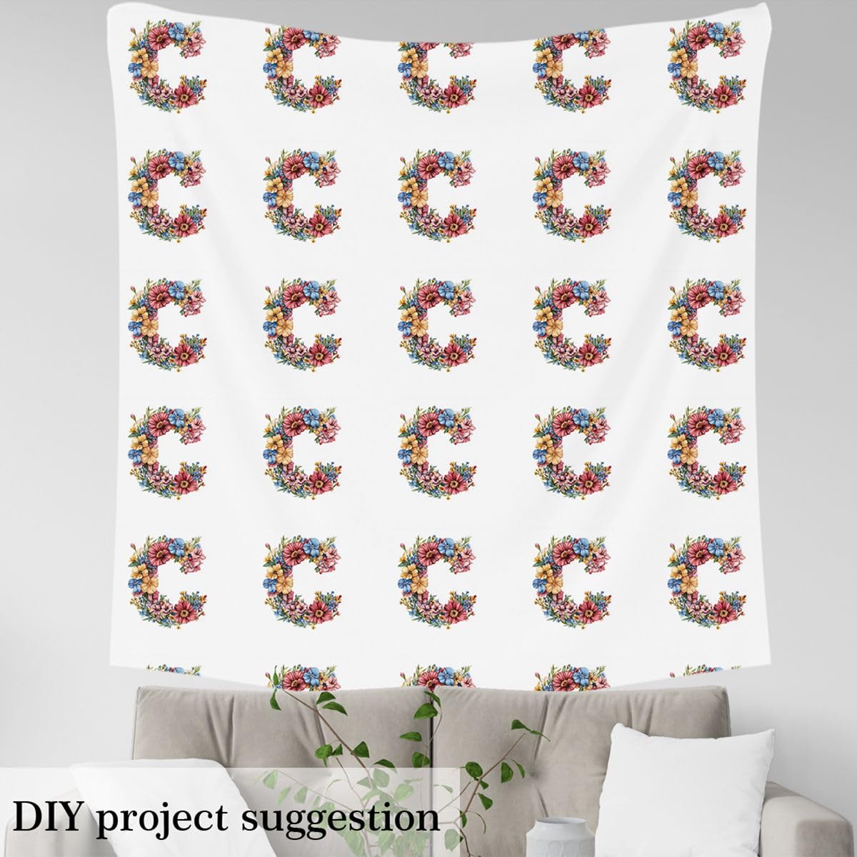 Loussiesd Flanne florale Tissu 276x150cm douce lettre initiale C Tissus au Metre pour coussin de chaise de canapé Décor imprimé botanique pour projets d'artisanat de couture bricolage