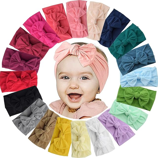 ALinmo 20PCS Baby Nylon Headbands Baby Turban Headband Bowknot Headbands Stretchy Soft Wide Headbands for Babies Elastic Headbands for Newborn Baby Girl Infant Toddler