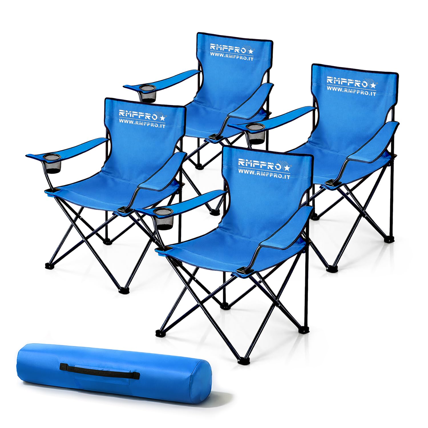 Set 4 Sedie Campeggio Pieghevole con Seduta Comoda e Rilassante, Sedia da Spiaggia Portali con Porta Bicchieri - Sedia Mare e Giardino, Tessuto Leggero Trasportabile Sedia da Esterno Blu