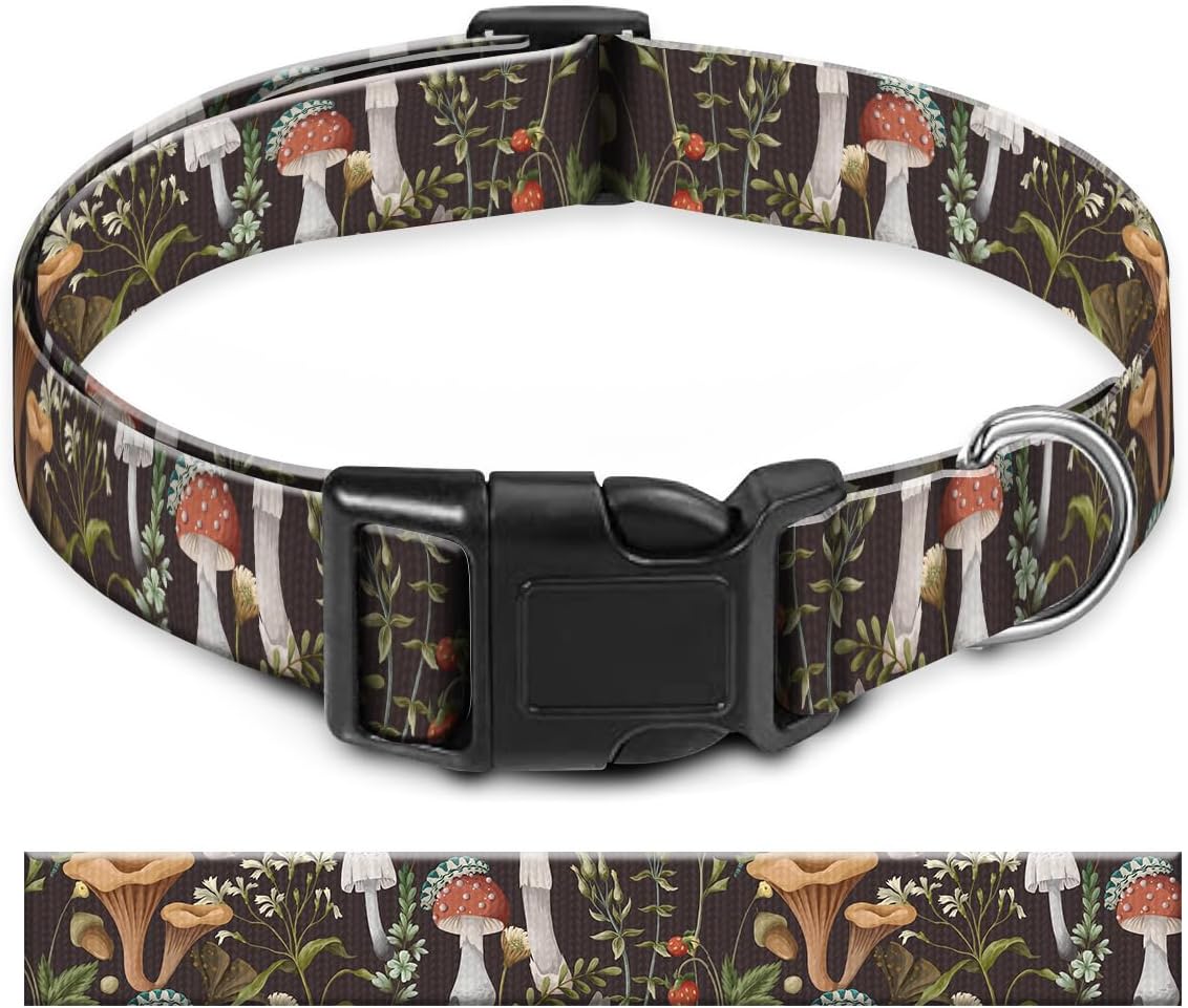 Dog Collar, Cute Pet Collar Adjustable for Medium Dogs, Soft Dog Collars with Quick Release Buckle for Walking Running Tropical Boho Mushrooms