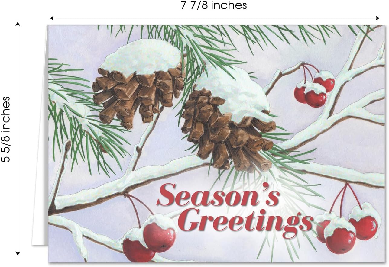 Masterpiece Glistening Pine Cones Classic Christmas Cards / 16 Boxed Holiday Cards Set With Coordinating Red Foil Lined Envelopes / 5 5/8" x 7 7/8" Folded Winter Greeting Cards With Inside Verse