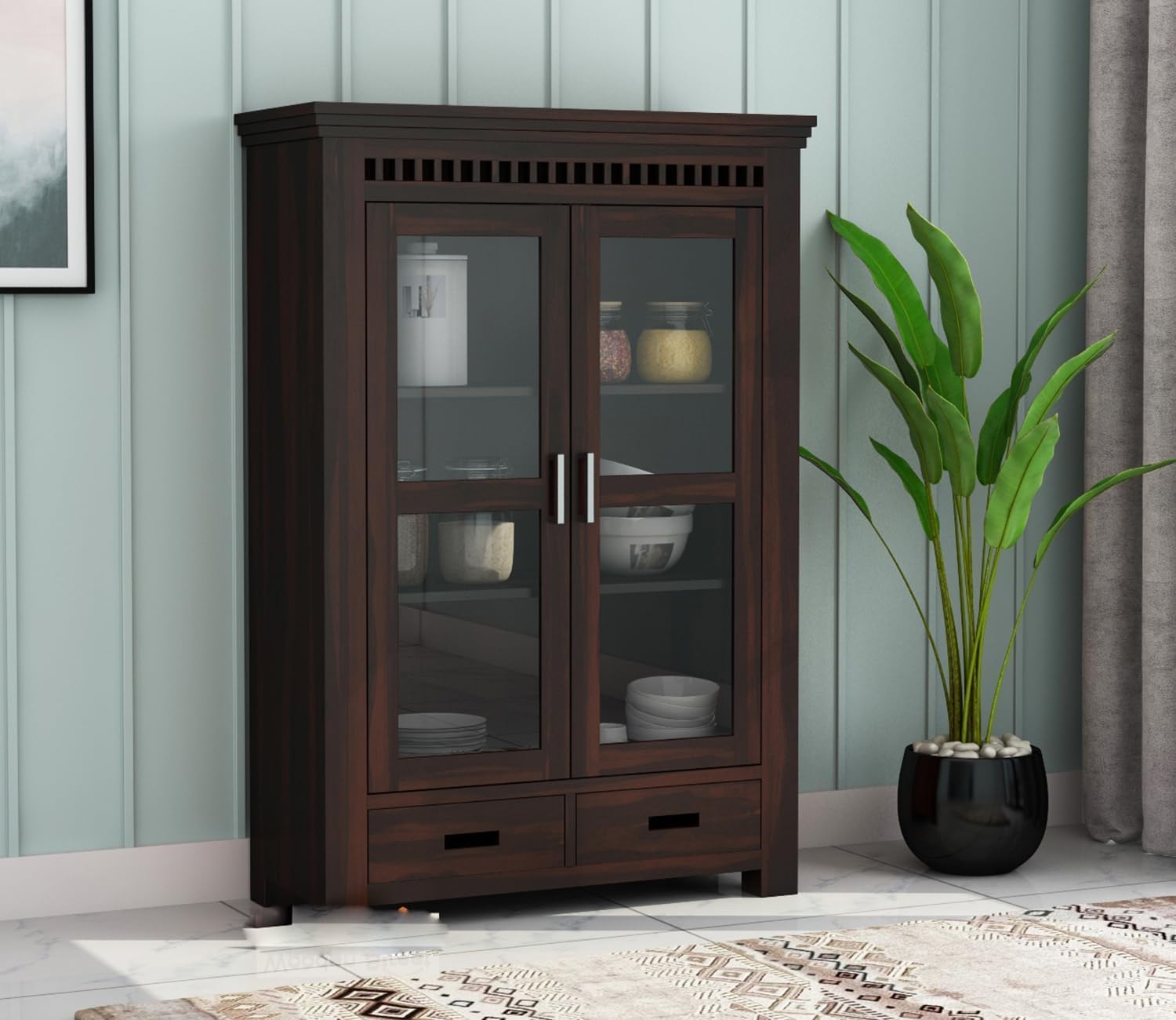 Credenza Solid Sheesham Wood Crockery Cabinet with Glass Doors & Storage Drawers for Dining Room & Kitchen | Wooden Display Cabinet & Storage Cupboard for Living Room Home | Walnut Finish-image-14