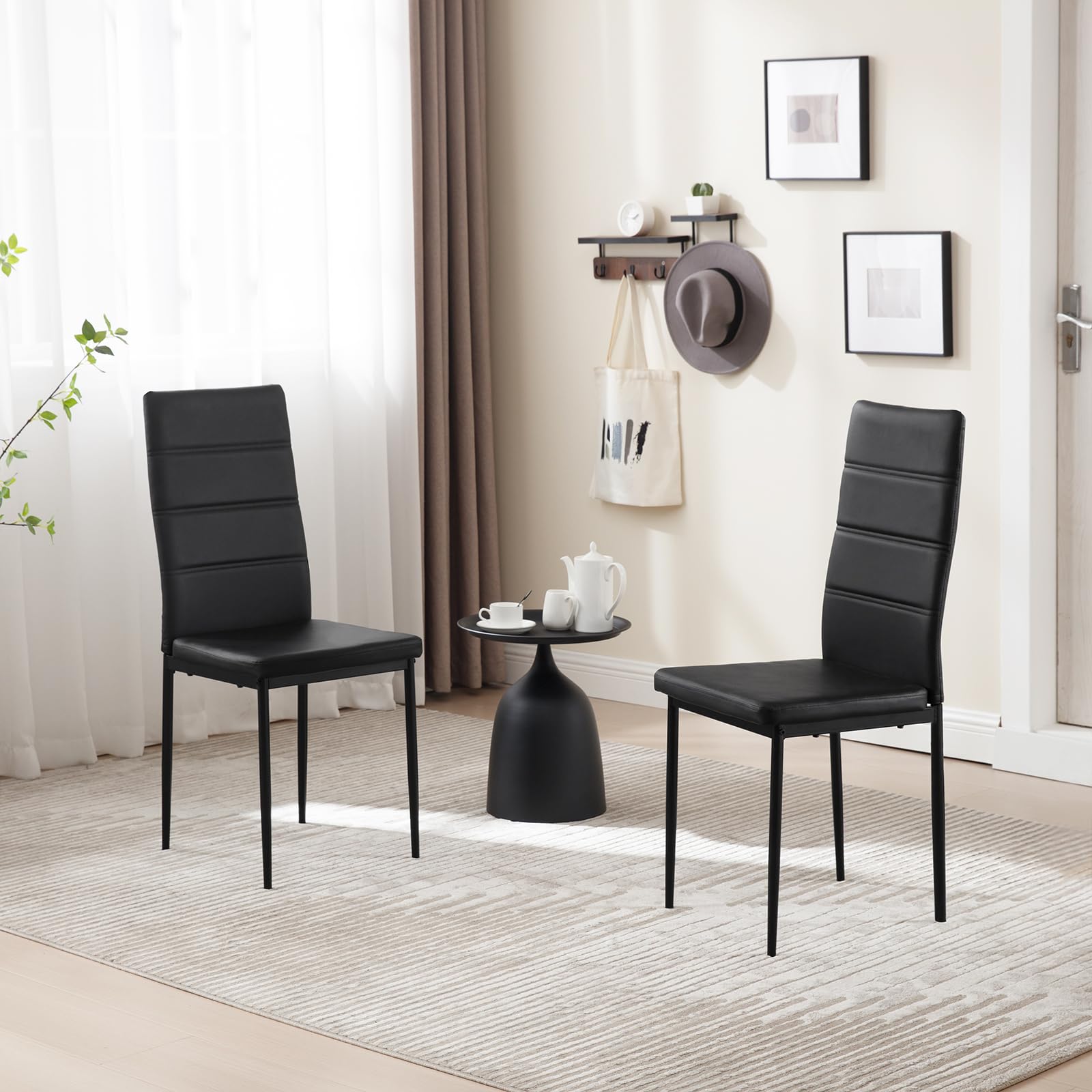 WOLTU Juego de 4 Sillas de Comedo,Piel Sintética,Negro | Respaldo Alto, Tapizadas, con Patas de Metal, para Comedor, Salón, Dormitorio