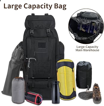 Hiking Backpack, 100L Large Camping Backpack, Expandable Waterproof MOLLE Rucksack, Outdoor Sport Travel Daypack Military Tactical Back pack for Men Women (Black)
