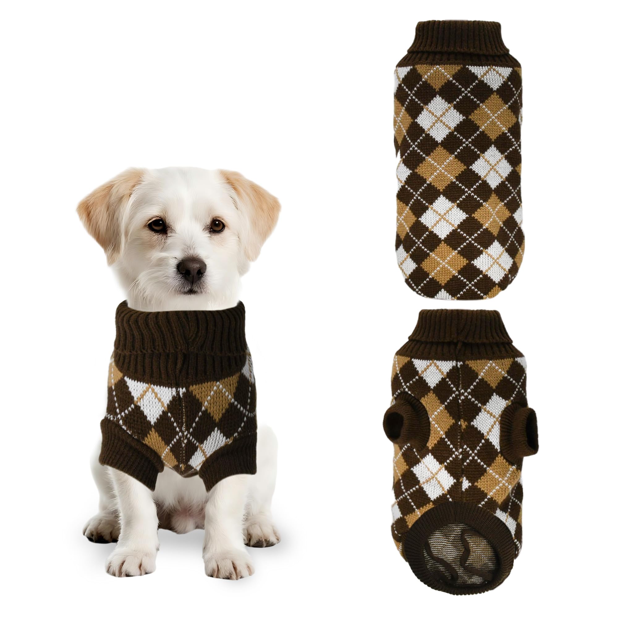 PawSailor Knitted Small Dog Jumper Plaid Pattern Turtleneck Puppy Pullover Soft Comfortable Winter Warm Pet Clothes for Small Dogs and Cats Like Maltese, Yorkies, Miniature Dachshund, Brown M