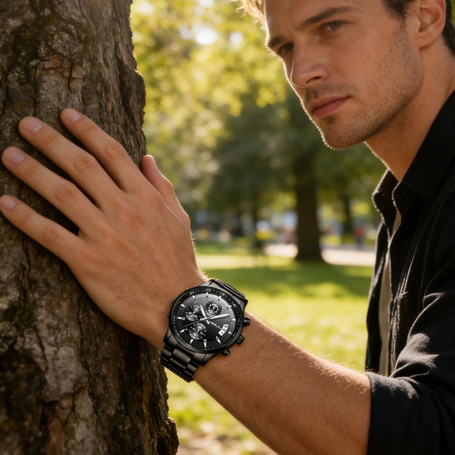CRRJU Mens Fashion Stainless Steel Watches Date Waterproof Chronograph WristwatchesBlack Steel Band Waterproof Quartz Watch for Men product thumbnail 5