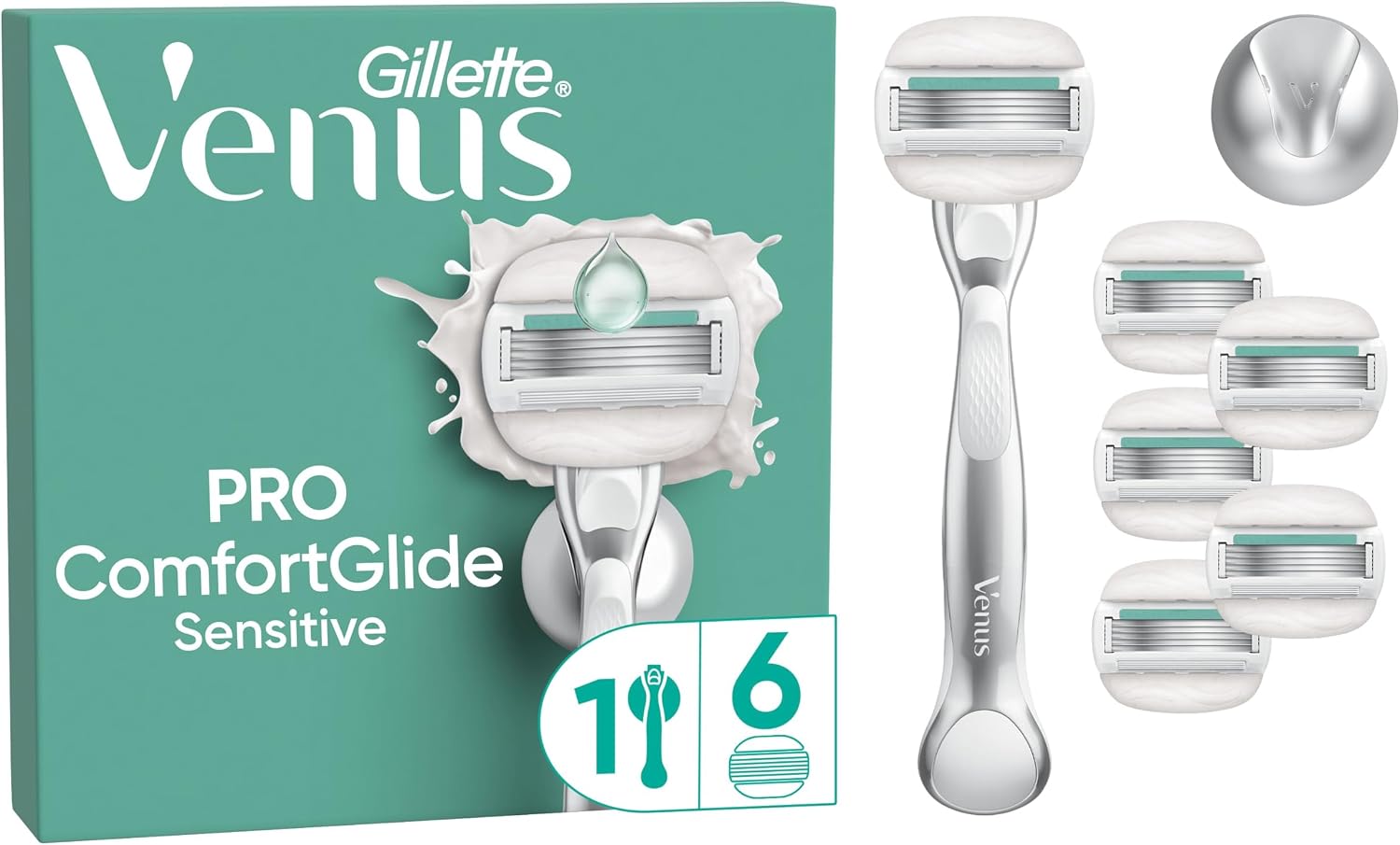 Gillette Venus Pro ComfortGlide Sensitive Razor for Women, 1 Handle & 6 Blade Refills - Aloe Vera Moisture Bars, Durable Metal Handle, Shower Holder, Smooth Close Shave