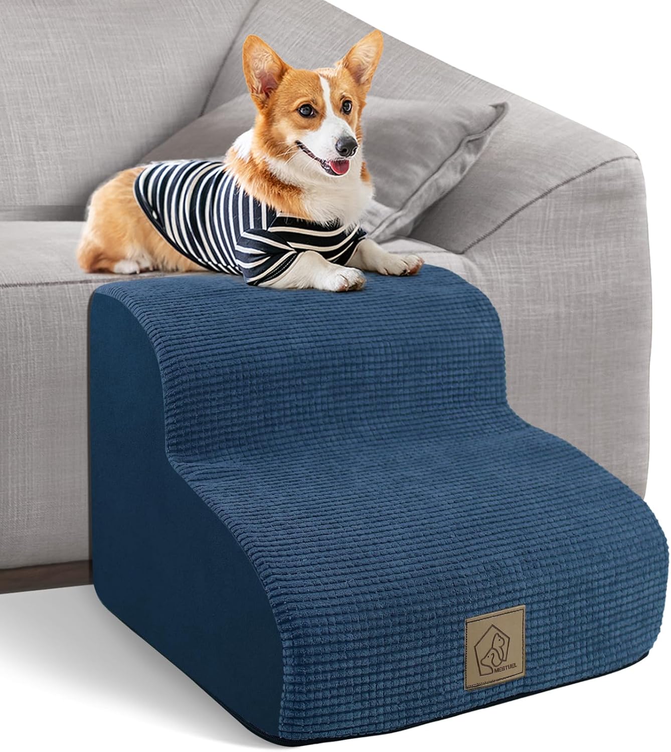 Mestuel Dog Stairs for Small Dogs Cats, 2 Tiers Small Pet Stairs to Couch Sofa, Dog Ramp Ladder Indoor for Dachshund Bulldog with High Density Foam & Nonslip Bottom, Blue