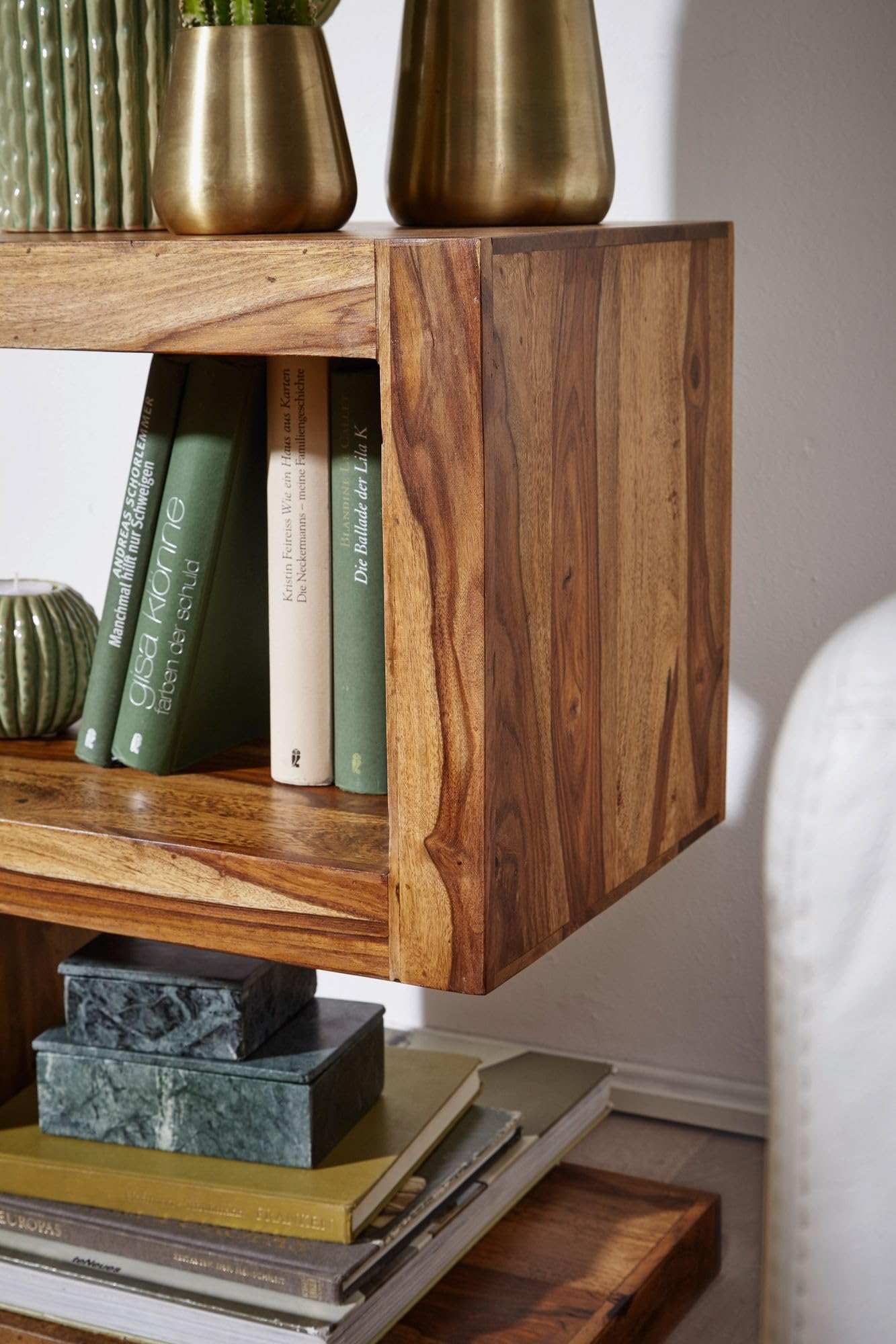 FineBuy Tavolino S Cubo 44x30x60 cm Legno Massello di Sheesham | tavolino da soggiorno in stravagante forma a S, tavolino da salotto in vero legno, fatto a mano, ogni pezzo è unico
