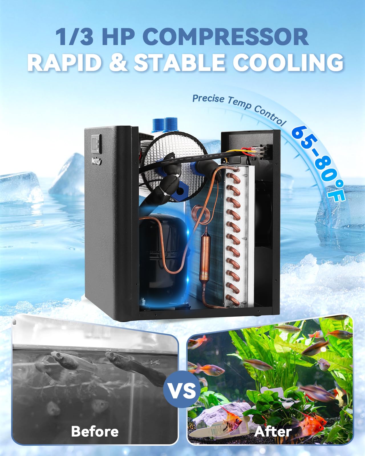 Poafamx 1/3 PS Aquarium Chiller, 79 Gal Titanium Chiller for Saltwater & Freshwater Fish Tank, Hydroponics Cooling System with Pump, Quiet Efficient Water Chiller for Axolotl, Coral Reef