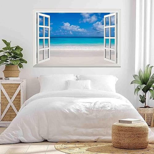 Miniatura 3 de Calcomanías de pared de ventanas falsas 3D con paisaje marino y playa, removibles, decoración de pared de paisaje para sala de estar y dormitorio