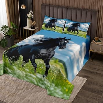 Castle Fairy 3D Horse Bedspread Queen Size Southwest Grassland Coverlet Set Kids Room Present Farmhouse Horse Animal Bedroom Decor Bedding Set Nature Landscape Bedding with 2 Pillowcases