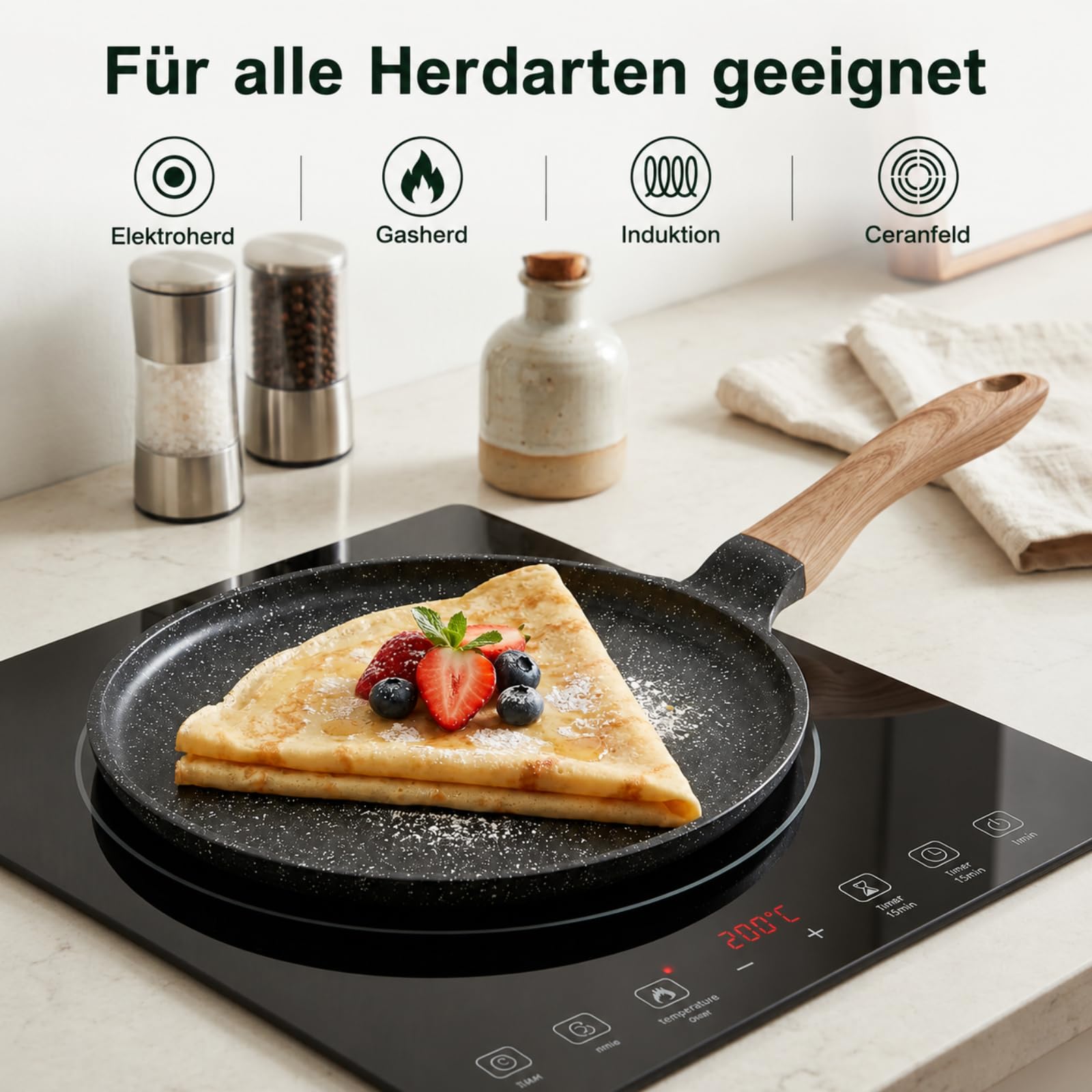 JEETEE Pfannkuchenpfanne 24 cm, Crepe Pfanne Induktion, Grau | Niedriger Rand zum Verteilen und Wenden von dünnem Teig, Aluminium mit Induktionsboden