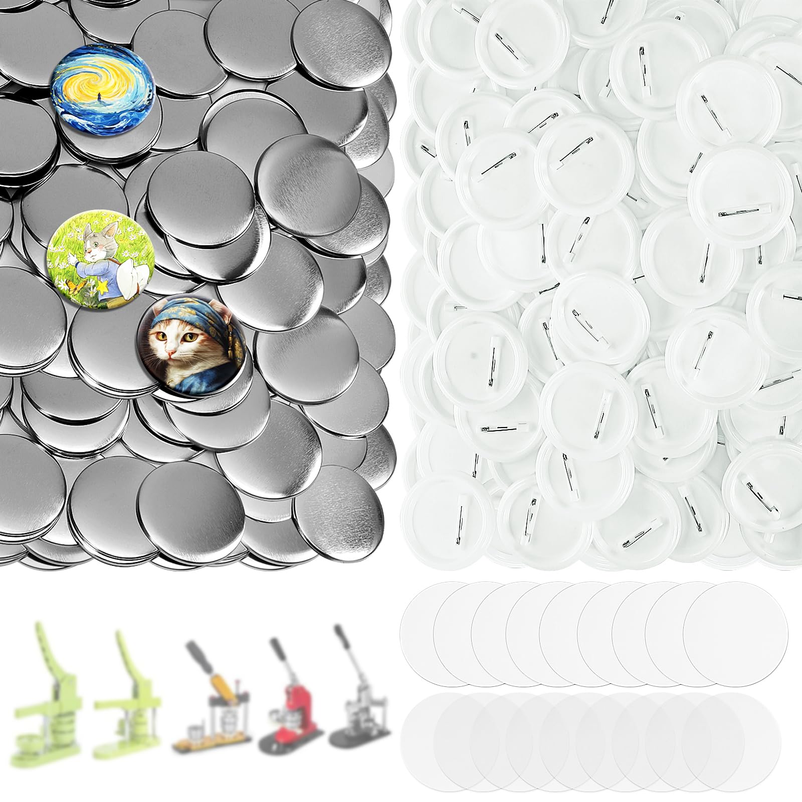 KUNTAERY 100 juegos de suministros para hacer botones de 3 pulgadas, piezas redondas de 75 mm con cubiertas de metal, tapas de plástico, película transparente y papel en blanco, perfecto para máquina