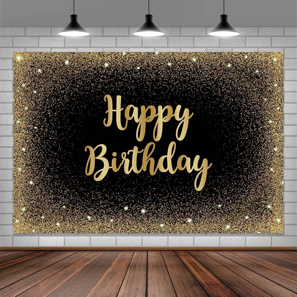 10X8ft Happy Birthday Photo Backdrop Photography Background for Girls Women, Gold Black Shining Dot Glitter Sparkle Banner Backdrops Photo Booth Prop Decorations Wall Decor Tablecloth 10X8FT Gold