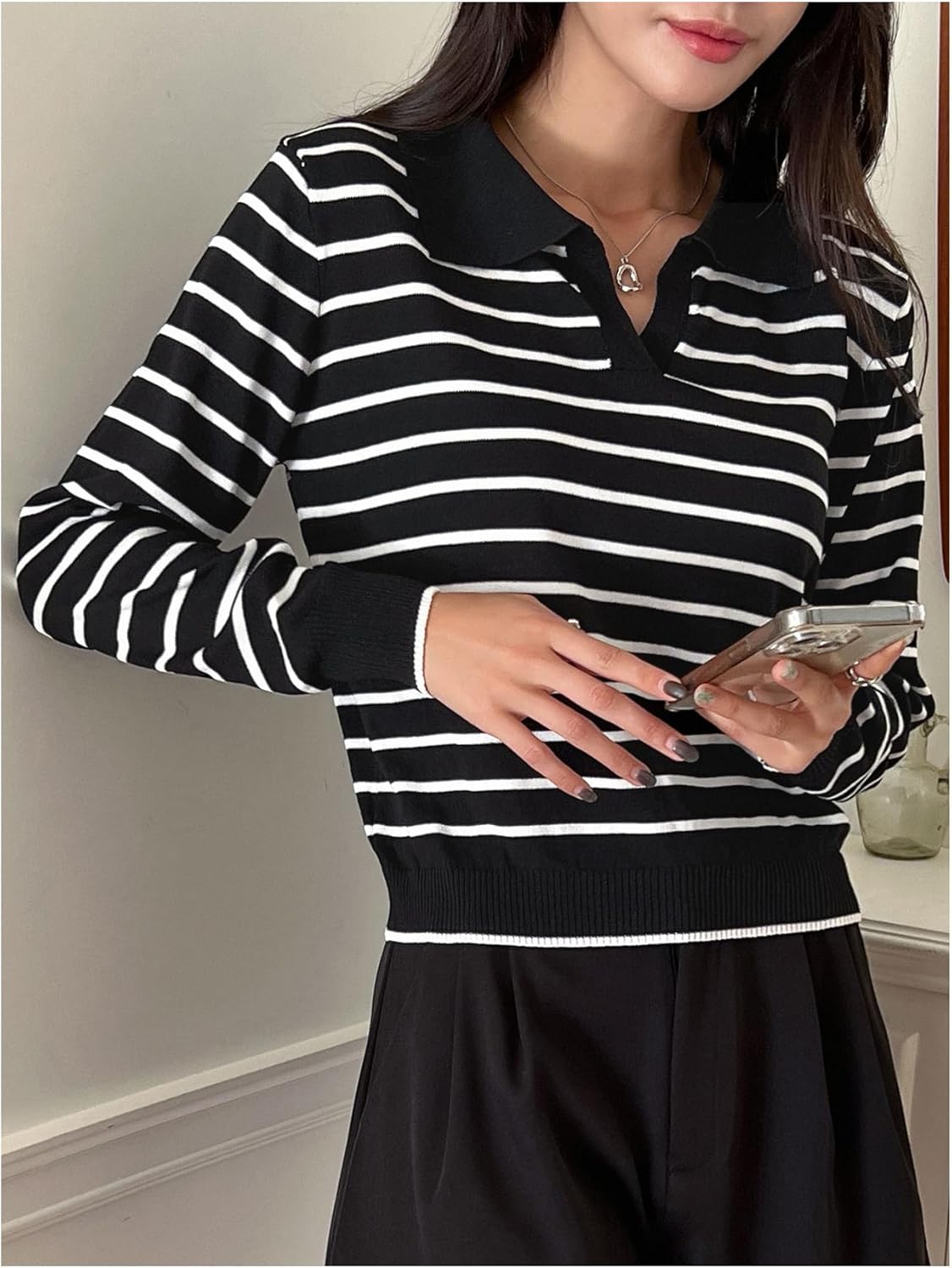 Milumia Women's Striped Collared V Neck Sweater Ribbed Knit Long Sleeve Casual Pullover Tops - Image 3