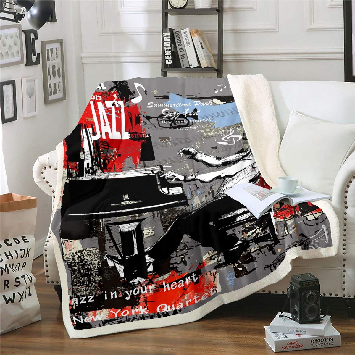 Coperta in pile con note musicali Sherpa Jazz Music Poster per ragazzi e ragazze Hip Hop Graffiti Coperta in peluche Rock Music Trendy Decor coperta per divano letto letto king size 200 x 220 cm