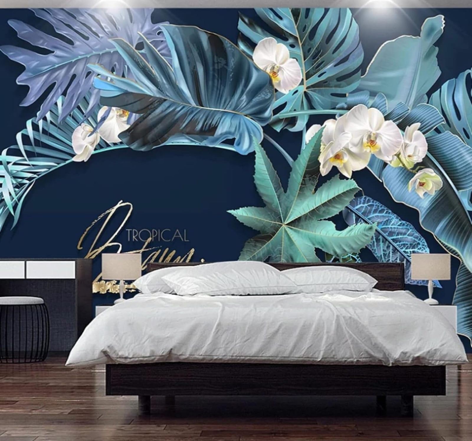Wallpaper-3D-Xlm 200Cm×140Cm(B×H) Three Dimensional Fresh Minimalist Blue Leaves Flowers 3D Wallpaper Easy Install Feature Office Living Room Sofa Bedroom Tv Background Wall Decoration-200Cm×140Cm