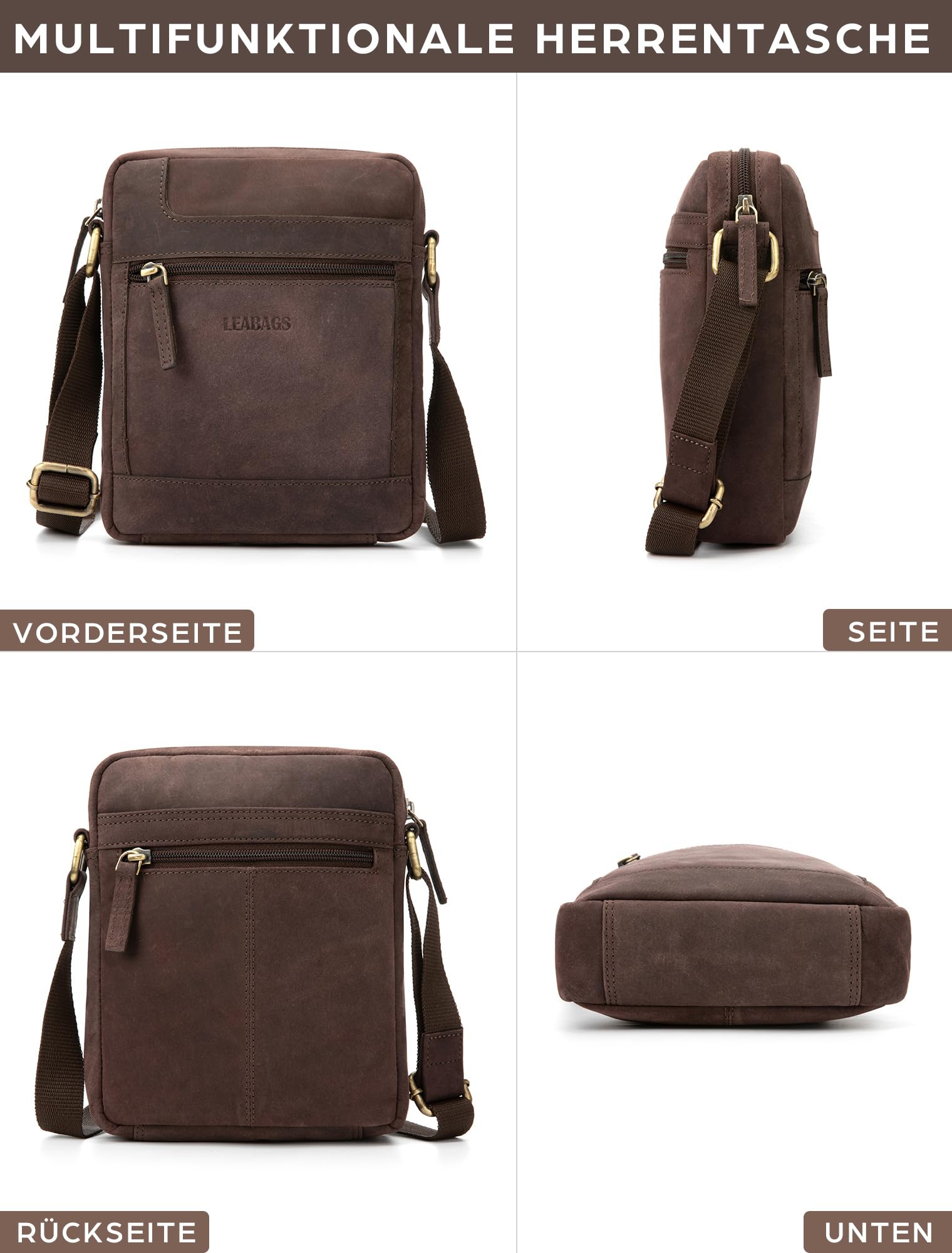 LEABAGS Leder Umhängetasche Herren - Messenger Bag Herrenhandtasche, Vintage Echtleder Crossbody Bag Herren, 2.2 l Handtaschen Arbeitstasche Tragetasche, Schultertasche für Männer(Nature Dunkelbraun)