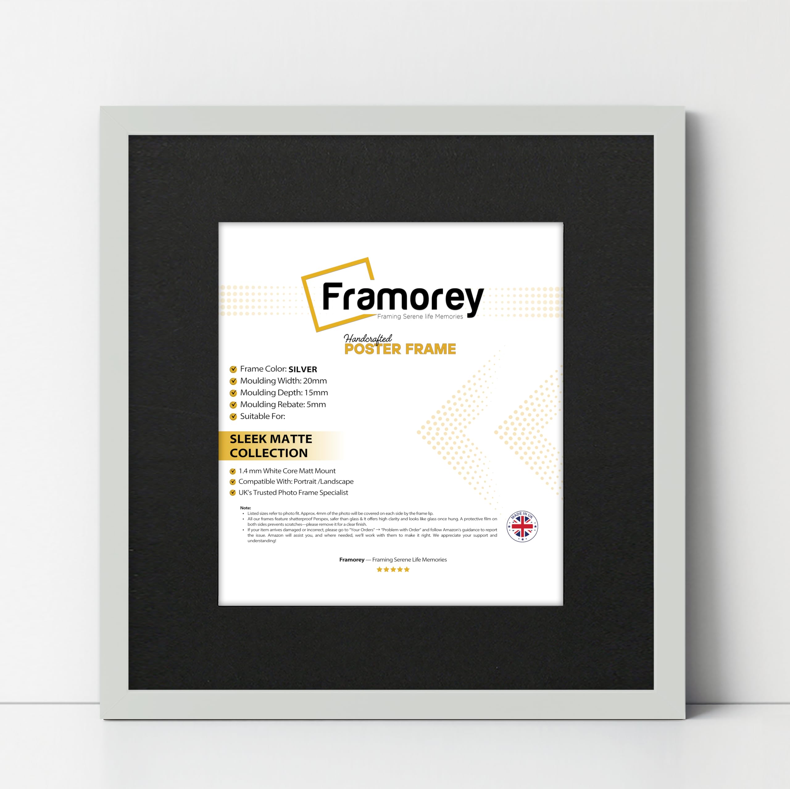 Framorey Framing Serene Life Memories Silver With Black Framorey Square Size Thin Matt Photo, Handmade Flat Thin Picture Frame, 16X16" Size Silver Picture Frame With 14X14" Size Black Mount, Photo Print Frames
