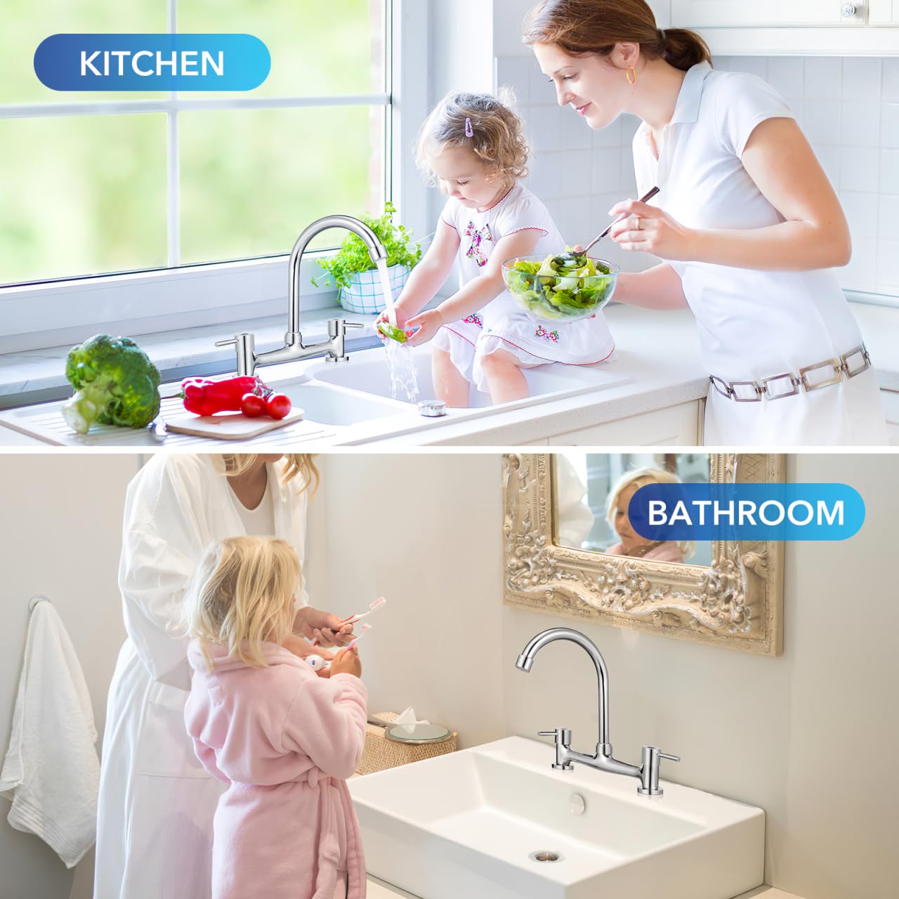 Hemobllo Robinet De Cuisine À Deux Trous Pour Évier Avec Commande Séparée Eau Chaude Et Froide Mitigeur Vertical Rotatif À 360° Adapté À Usage Domestique Et Commercial