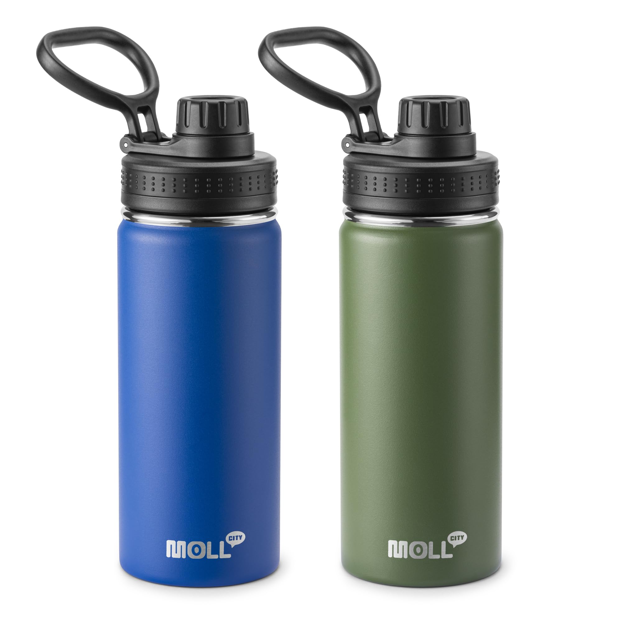 Mollcity Insulated Water Bottle 2 Pack-16 oz Stainless Steel Vacuum Sports Water Bottle Wide Mouth Flask with Leakproof Spout Lid (Navy-Grass Green)