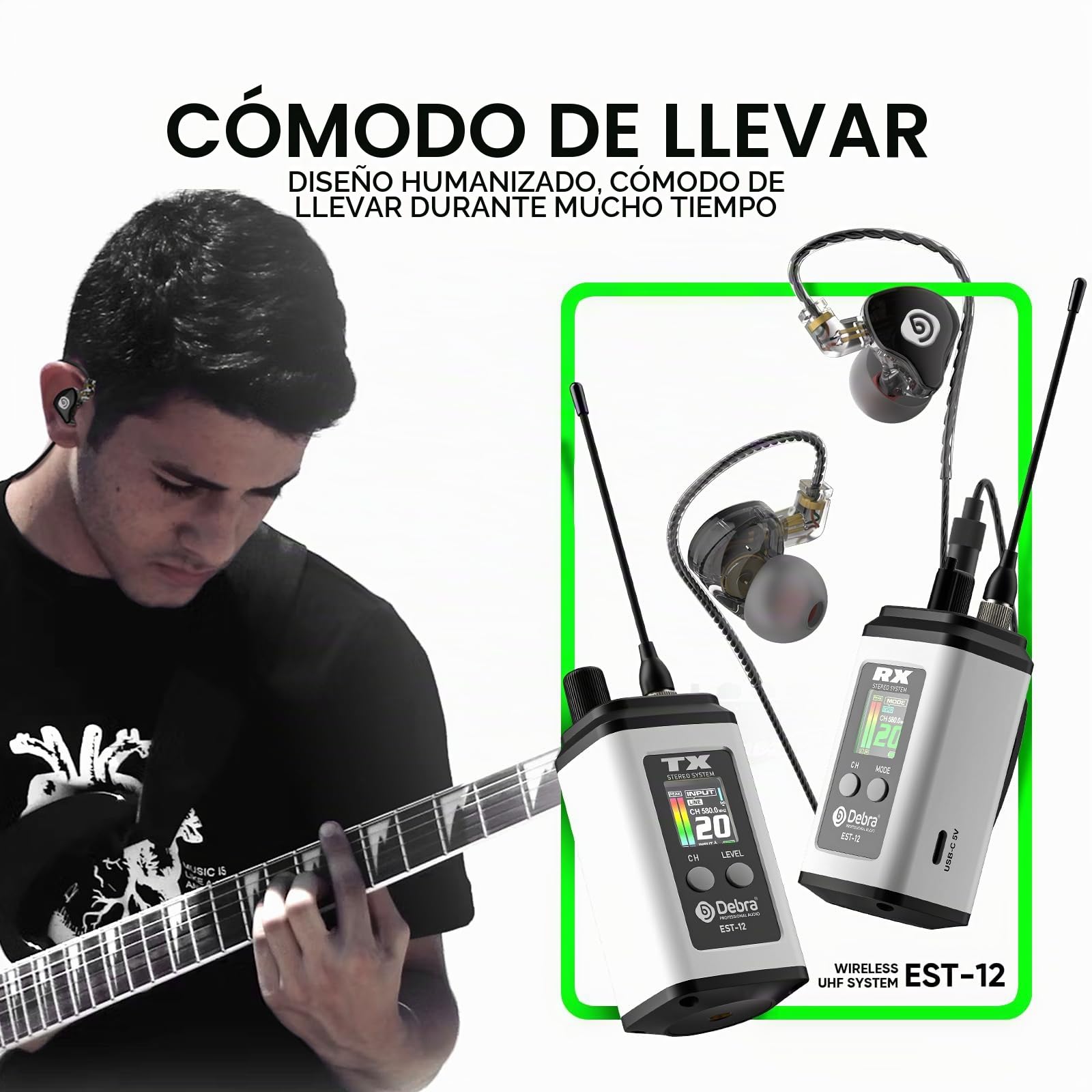 Debra EST-12 Sistema de Monitorización Inalámbrico UHF Profesional In-Ear, 0ms Latencia, Alcance Extendido, Carcasa Metálica para Conciertos y Estudio (1 Pcs)
