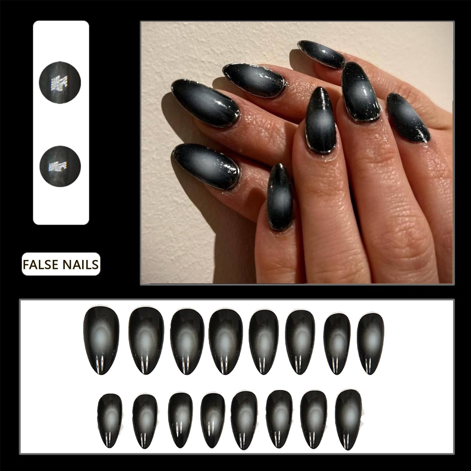 24-Pack Almond Press On Nails, Medium Length Stick On False Nails, Black Gradient French Halloween Design - Image 2