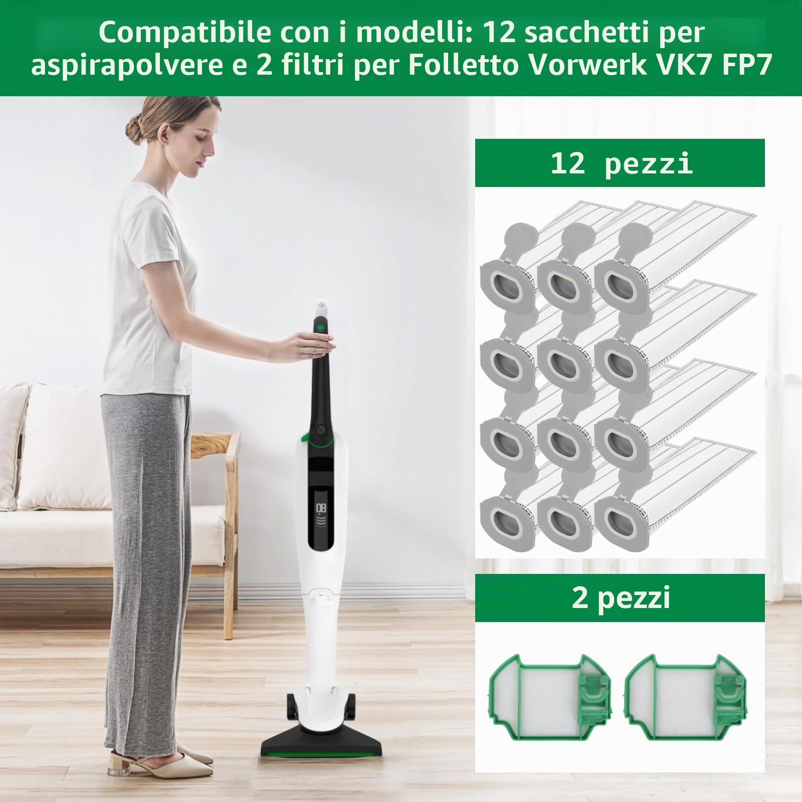 Kit 12 Sacchetti in Microfibra compatibile per Folletto VK7S VK7 FP7S FP7-12 Sacchetti Aspirapolvere + 2 Filtro Motore