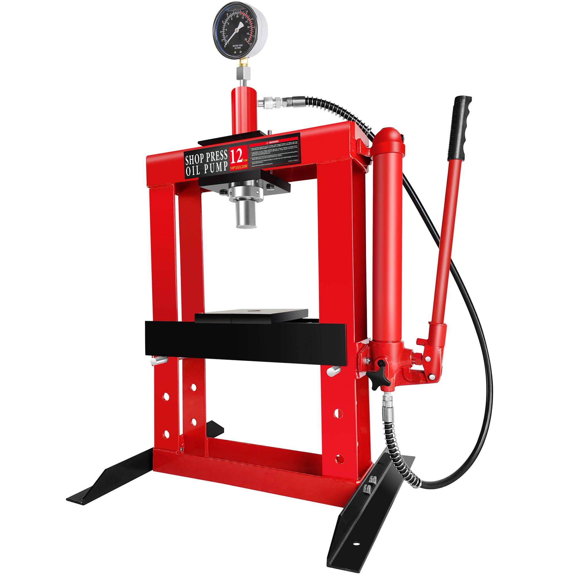12-Ton Hydraulic Shop Press with Pressure Gauge & Press Plates, H-Frame Garage Shop Benchtop Press, Adjustable Working Table Height, Red