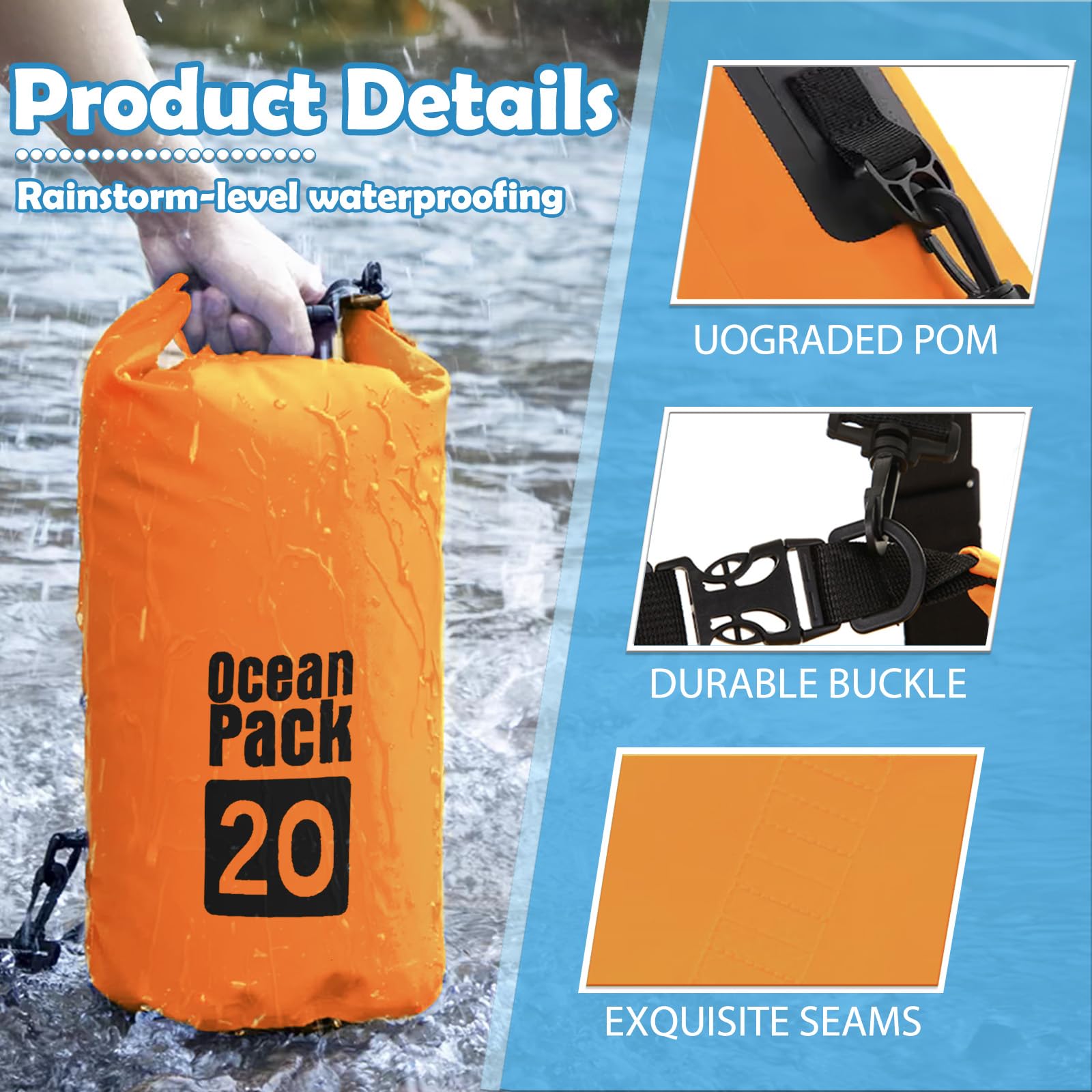 Dry Bag 5L wasserdichte Tasche, Orange Dry Bag 2L/5L/10L/15L/20L/25L/30L mit Verstellbarem Gurt, Schützt Telefon/Karte, Roll Top Wasserdichter Beutel Rucksack für Schwimmen/Rafting/Bootfahren