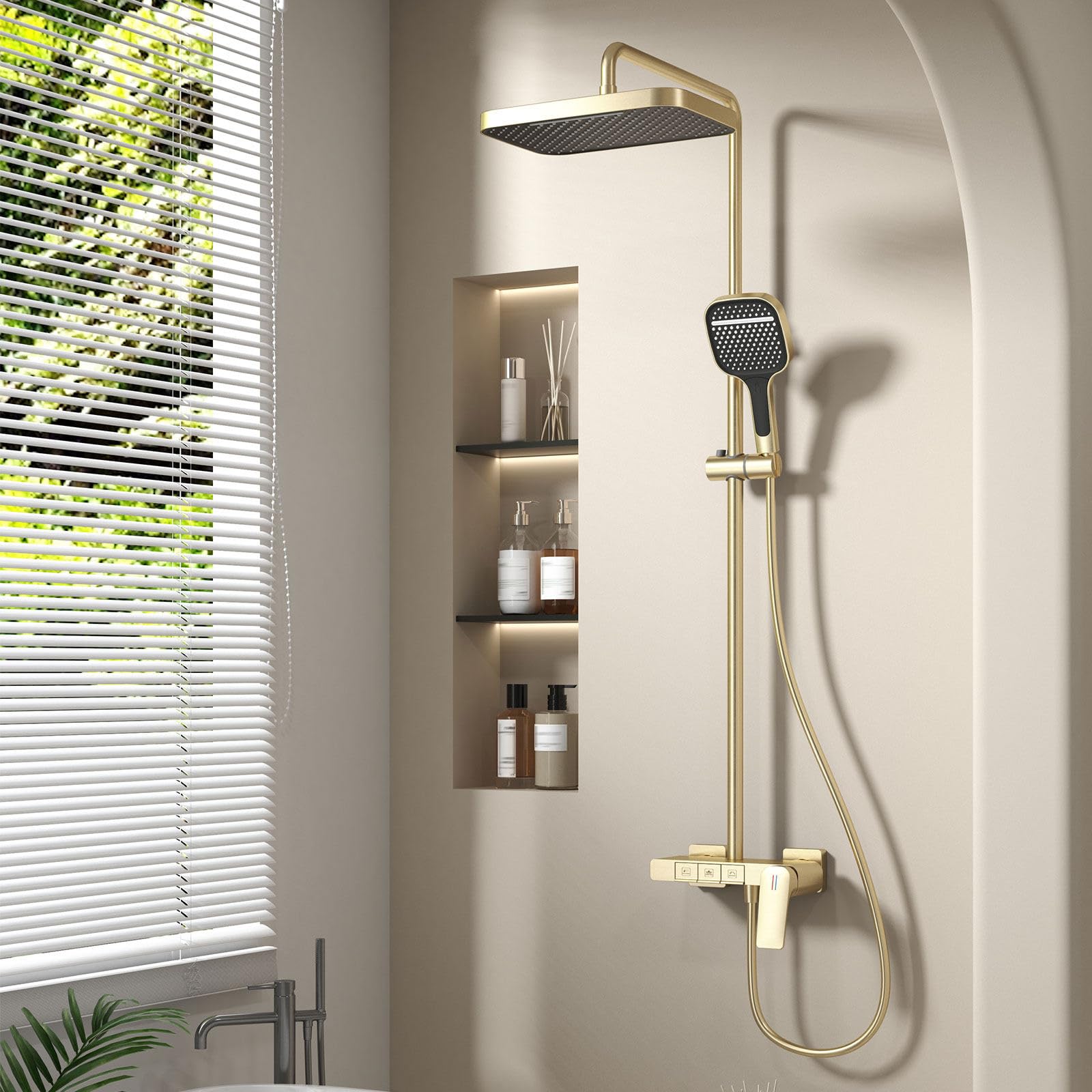 Duschsystem, BSS0338 Modern Klaviertasten Duschset, 30x20cm Quadrat Duschkopf, Regendusche mit Armatur, Badewannenarmatur, 59A Kupfer, Höhenverstellbar