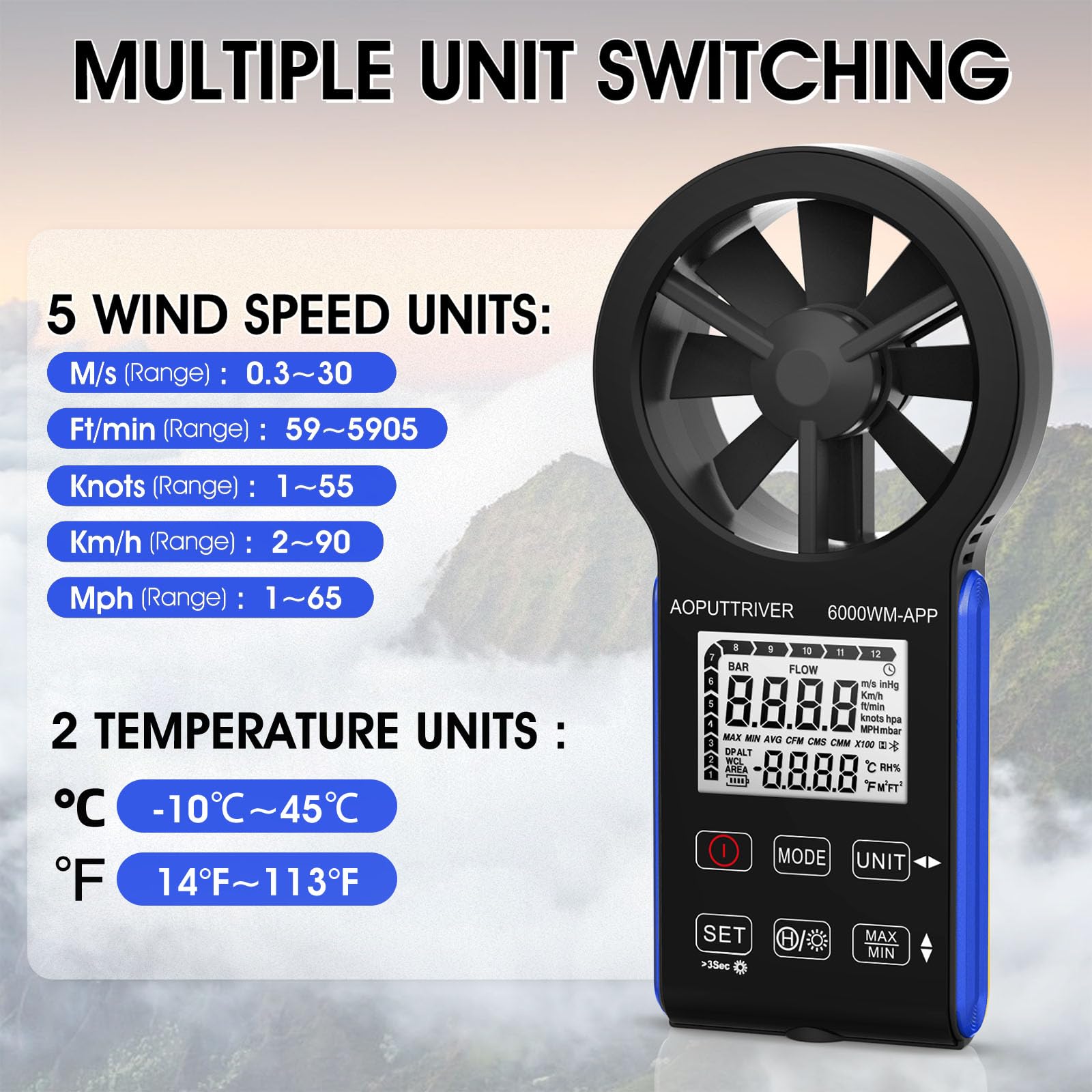 6000WM-APP - Anemometro digitale portatile, anemometro CFM, con temperatura (°C/°F), 5 unità, velocità del vento, volume d'aria e misurazione della temperatura per HVAC, Marine