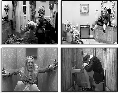 Divertido juego de 4 arte de pared para baño, arte de pared en blanco y negro para decoración de baño, decoración de pared de humor vintage,