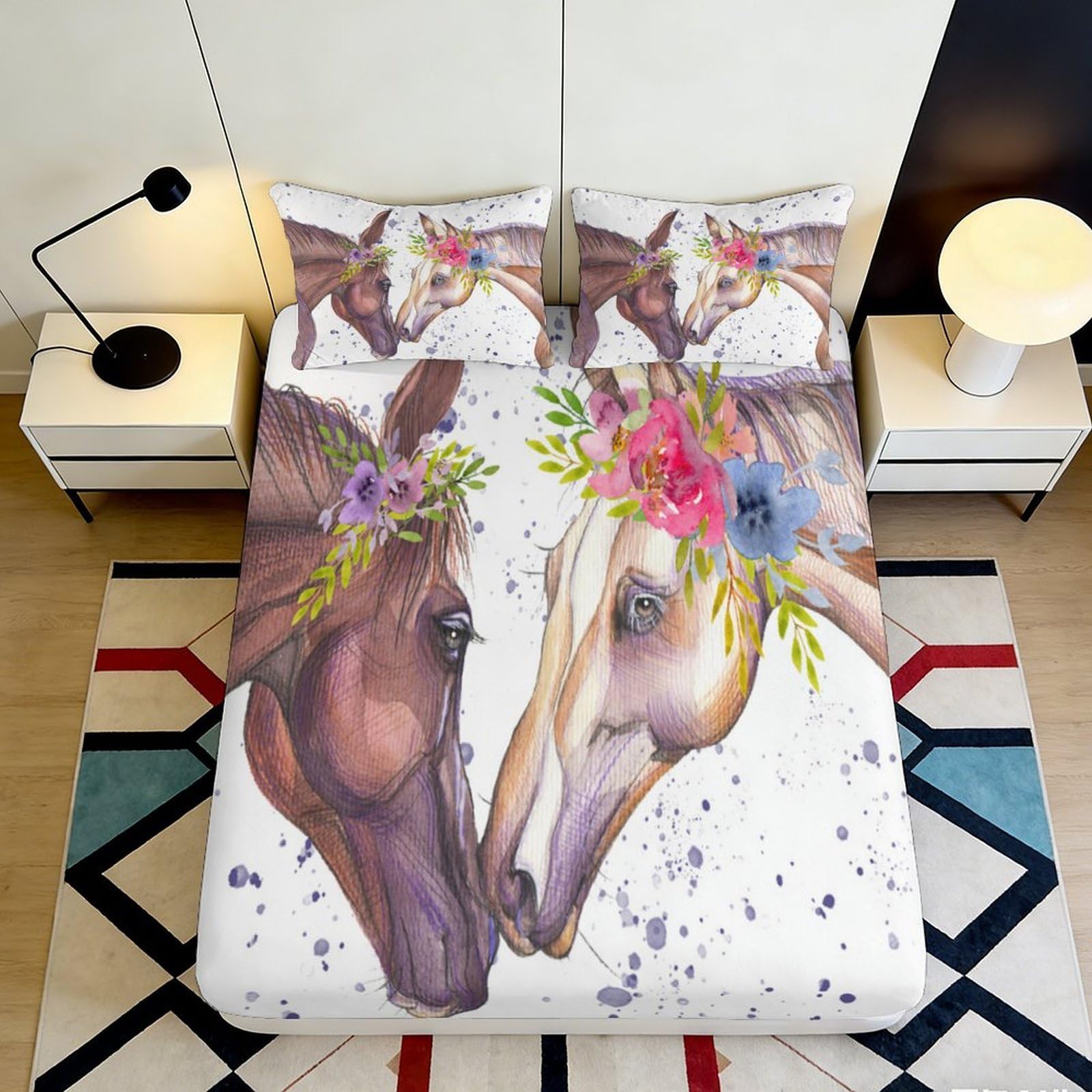 Wtorimpel Style-1 3D Printed Horse Illustration Fitted Sheet Microfiber Deep Pocket Non-Slip Horse Mattress Fitted Cover For Bedroom Home Washable 140X200x25cm