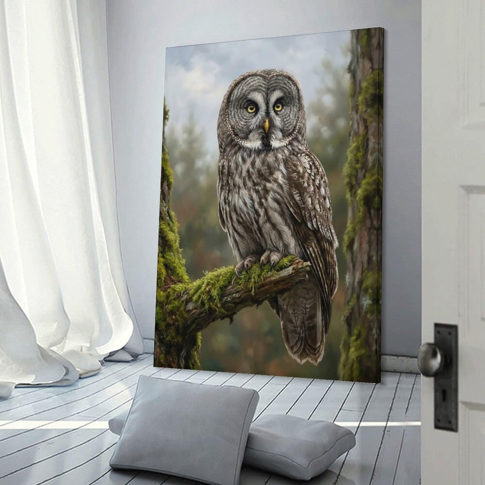 Junmoney Great Grey Owl Perched on Mossy Branch Wall Picture Print, 12x18inch(30x45cm), for Flats, Guest Rooms Or Compact Rooms, Decorative Canvas Decor for Home Updates