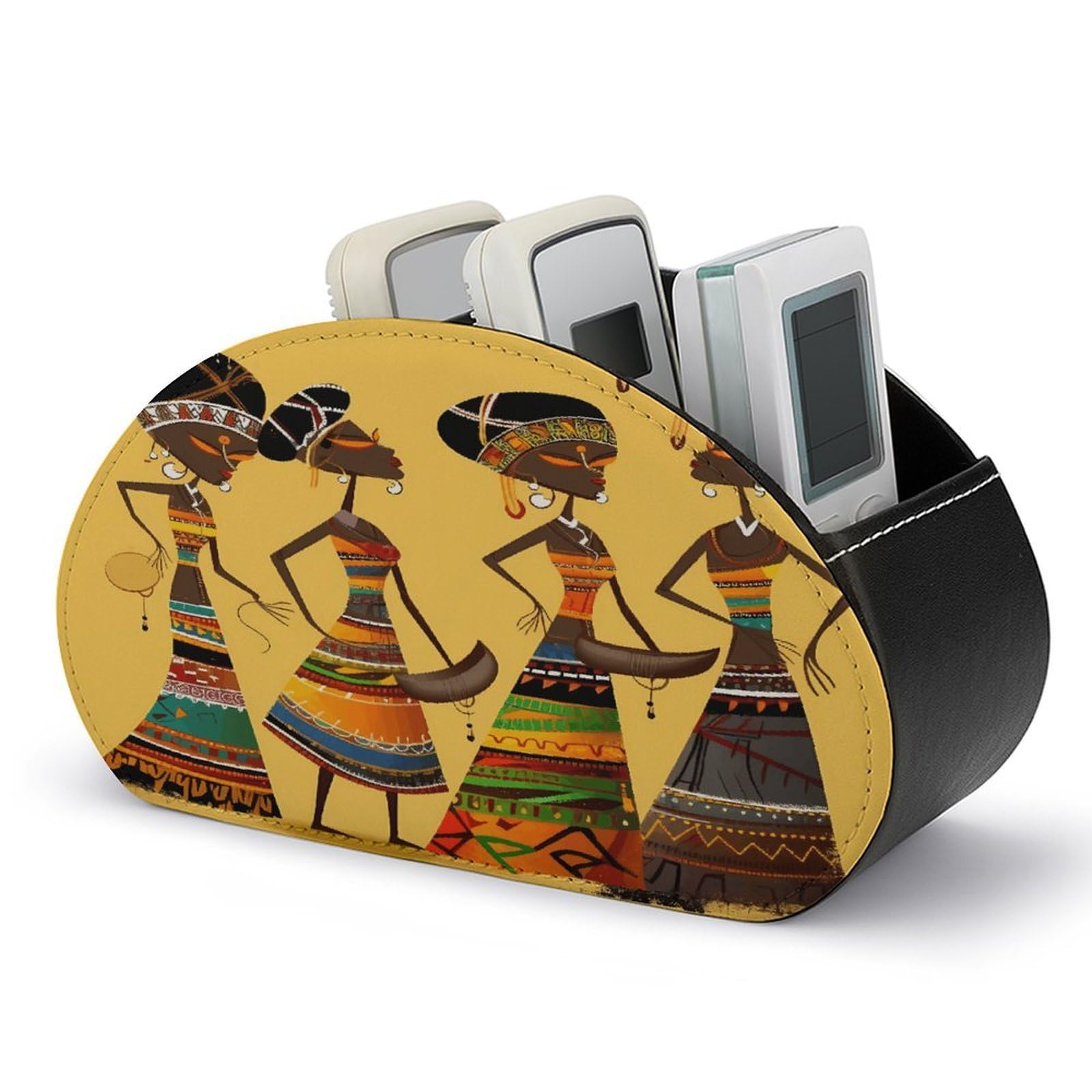 Creative African Culture Remote Control Holder with 5 Compartments PU Leather TV Remoter Caddy Desktop Organizer TV Remote Holder Remote Box for Media Controllers Office Supplies