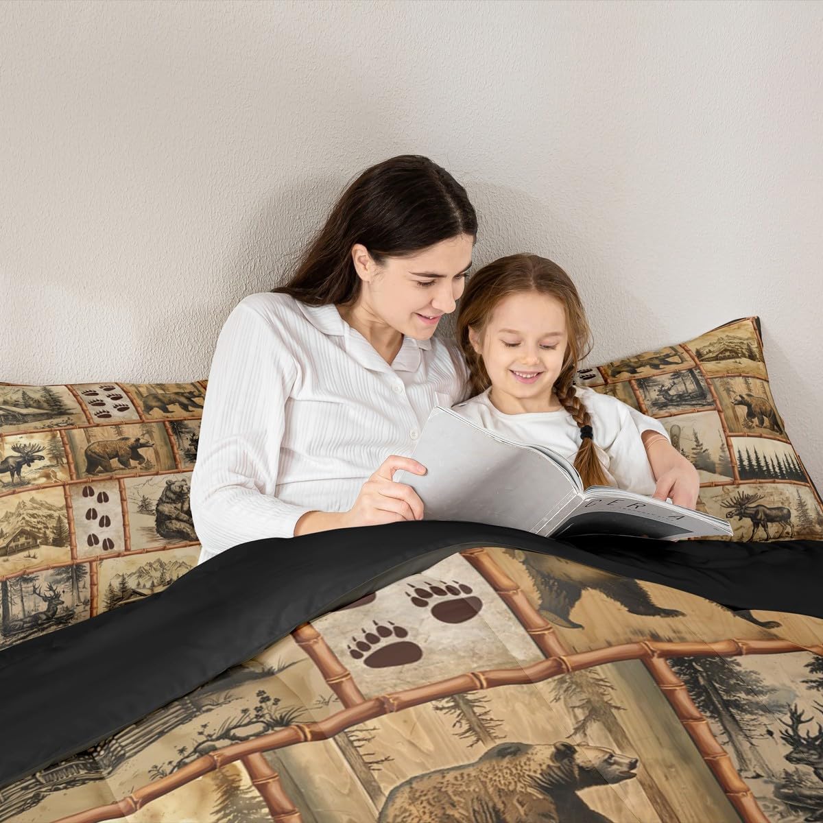 jejeloiu Bear and Deer Comforter Set Queen Size Kids Rustic Cabin Country Lodge Bedding Set for Boys Girls Teens Adults, Wild Animal Duvet Quilt Breathable Soft Tree Room Decor 3Pcs